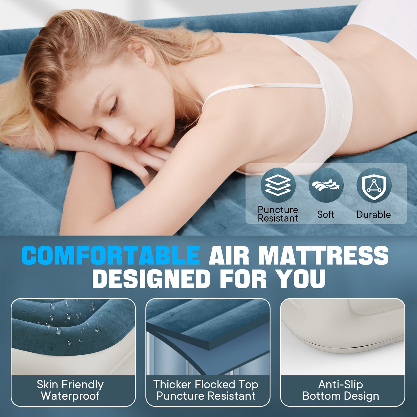 VOSSER Queen Air Mattress with Built-in Pump,Fast & Easy Inflation/Deflation Inflatable Mattress, Foldable Blow Up Mattress with Storage Bag , Inflatable Bed for Home, Camping & Guests