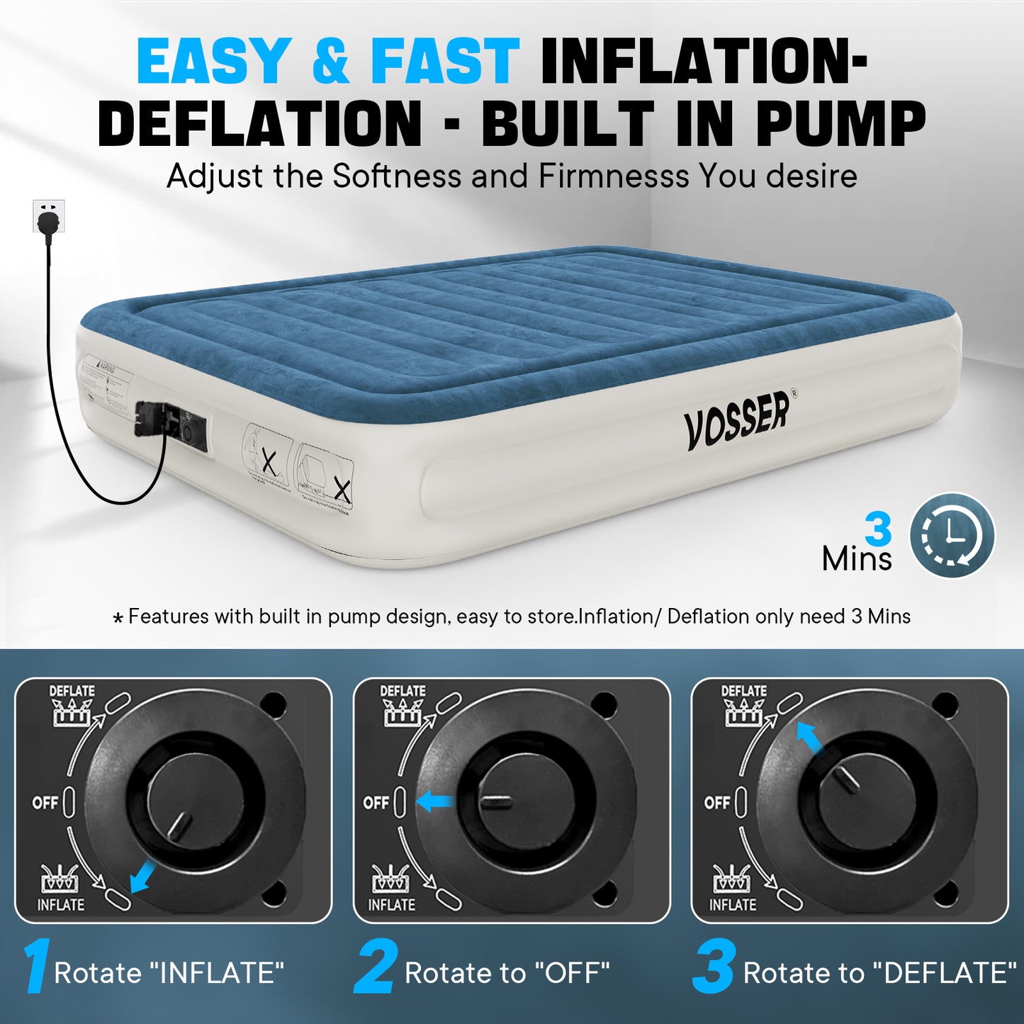 VOSSER Queen Air Mattress with Built-in Pump,Fast & Easy Inflation/Deflation Inflatable Mattress, Foldable Blow Up Mattress with Storage Bag , Inflatable Bed for Home, Camping & Guests