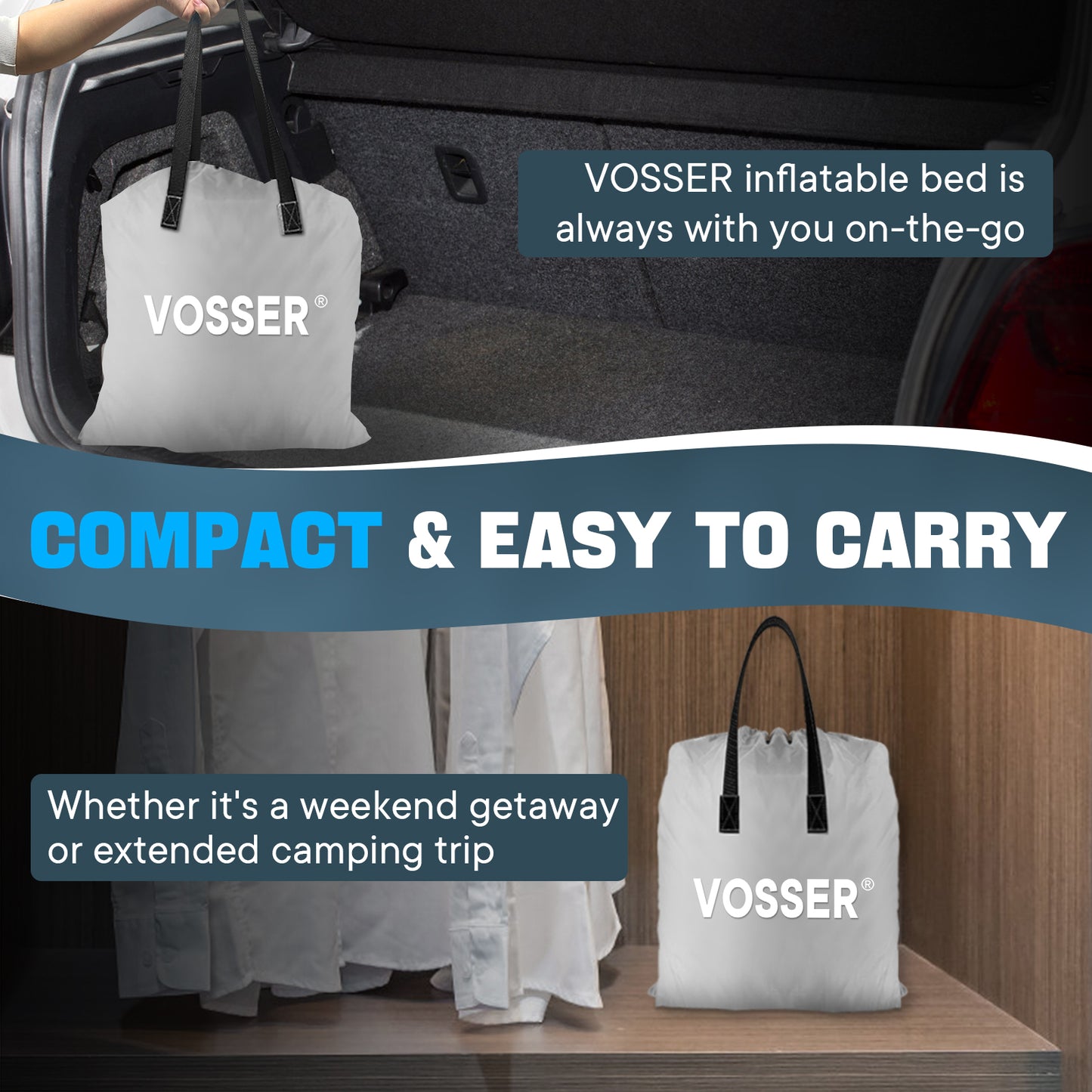 VOSSER Queen Air Mattress with Built-in Pump,Fast & Easy Inflation/Deflation Inflatable Mattress, Foldable Blow Up Mattress with Storage Bag , Inflatable Bed for Home, Camping & Guests