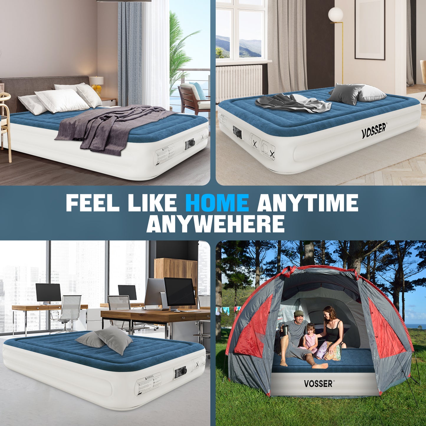 VOSSER Queen Air Mattress with Built-in Pump,Fast & Easy Inflation/Deflation Inflatable Mattress, Foldable Blow Up Mattress with Storage Bag , Inflatable Bed for Home, Camping & Guests