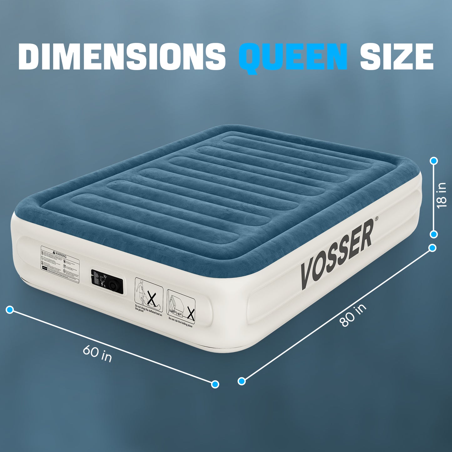 VOSSER Queen Air Mattress with Built-in Pump,Fast & Easy Inflation/Deflation Inflatable Mattress, Foldable Blow Up Mattress with Storage Bag , Inflatable Bed for Home, Camping & Guests