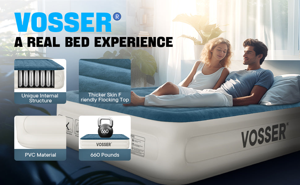VOSSER Queen Air Mattress with Built-in Pump,Fast & Easy Inflation/Deflation Inflatable Mattress, Foldable Blow Up Mattress with Storage Bag , Inflatable Bed for Home, Camping & Guests