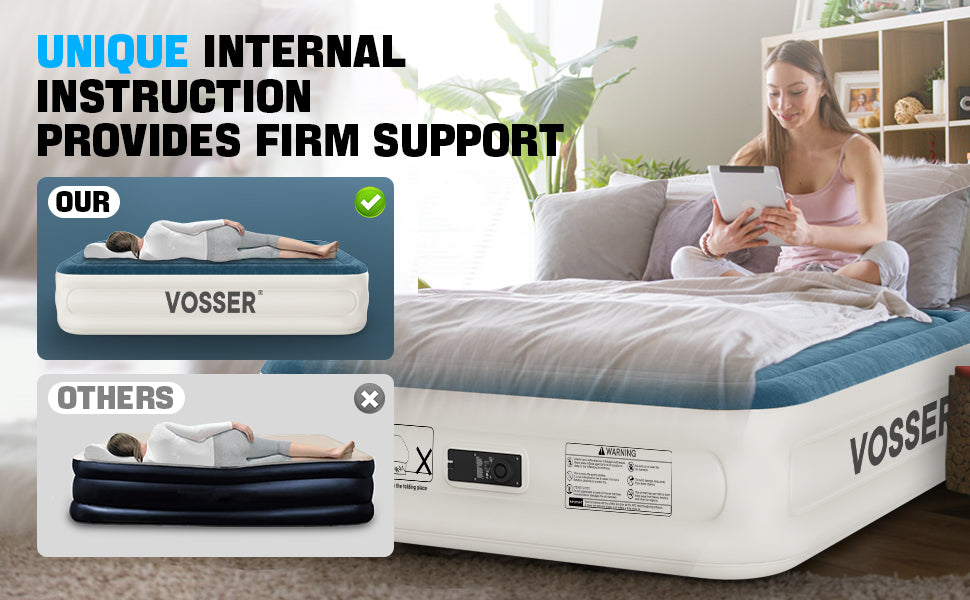 VOSSER Queen Air Mattress with Built-in Pump,Fast & Easy Inflation/Deflation Inflatable Mattress, Foldable Blow Up Mattress with Storage Bag , Inflatable Bed for Home, Camping & Guests
