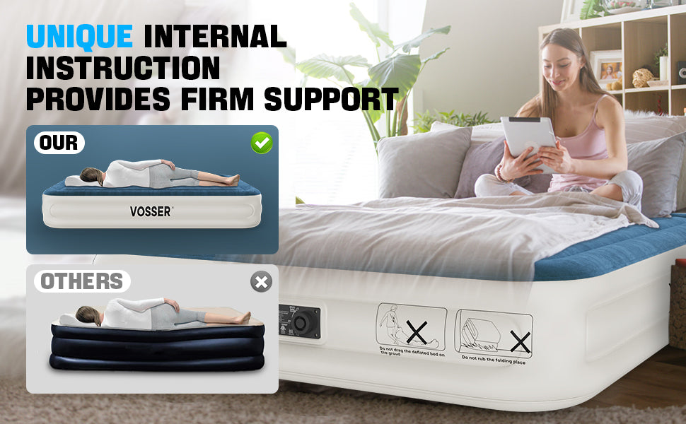 VOSSER Queen Air Mattress with Built-in Pump,Fast & Easy Inflation/Deflation Inflatable Mattress, Foldable Blow Up Mattress with Storage Bag , Inflatable Bed for Home, Camping & Guests