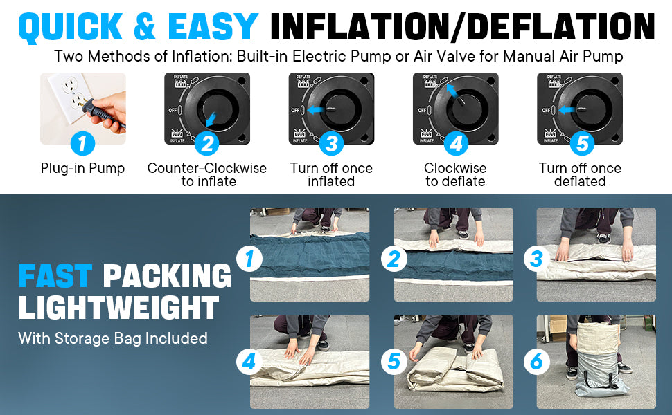 VOSSER Queen Air Mattress with Built-in Pump,Fast & Easy Inflation/Deflation Inflatable Mattress, Foldable Blow Up Mattress with Storage Bag , Inflatable Bed for Home, Camping & Guests