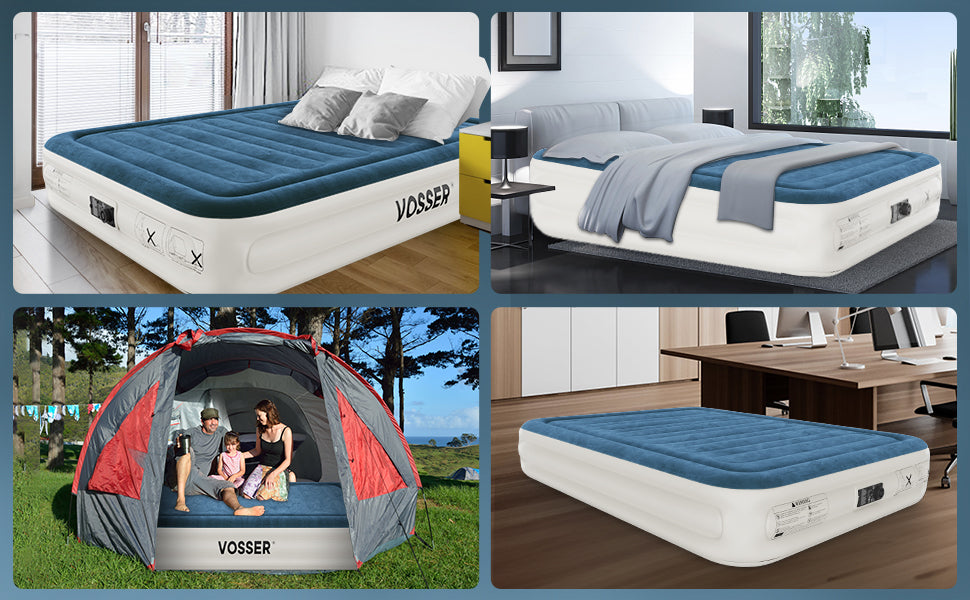 VOSSER Queen Air Mattress with Built-in Pump,Fast & Easy Inflation/Deflation Inflatable Mattress, Foldable Blow Up Mattress with Storage Bag , Inflatable Bed for Home, Camping & Guests