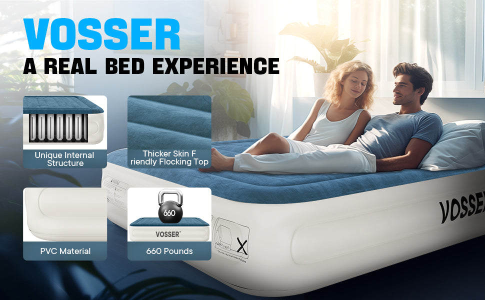 VOSSER Queen Air Mattress with Built-in Pump,Fast & Easy Inflation/Deflation Inflatable Mattress, Foldable Blow Up Mattress with Storage Bag , Inflatable Bed for Home, Camping & Guests