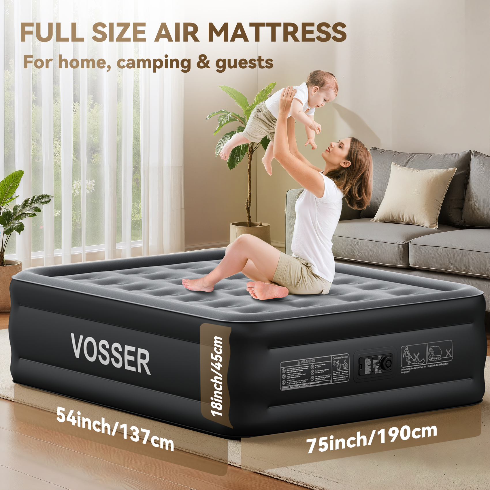 VOSSER Air Mattress Full with Built in Pump,18’’Raised Blow Up Mattress,Self Inflatable Mattress in 3 Mins,Portable Air Bed for Home,Floor&Travel,Full Size Air Mattress for Adults 660LB Max,Black