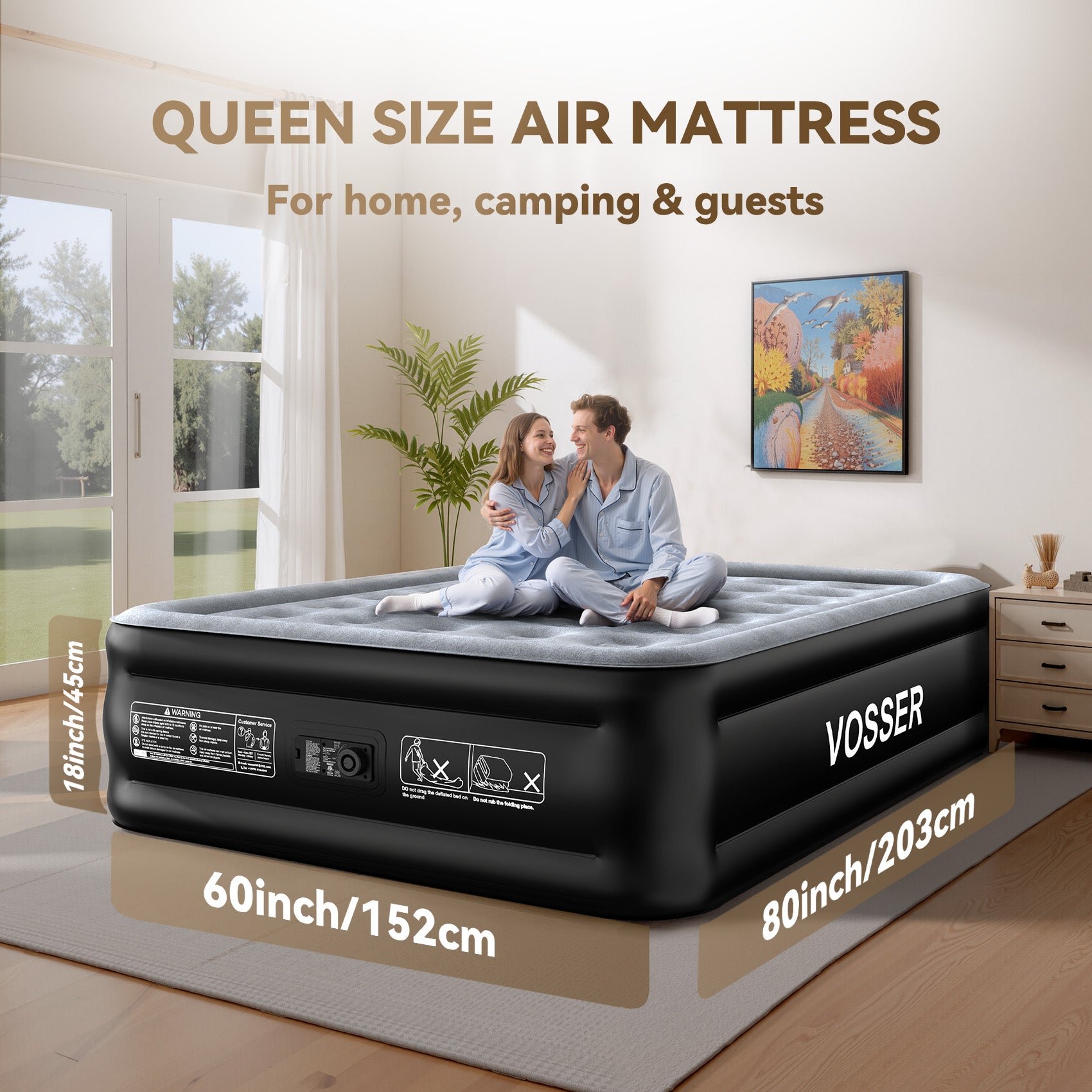 Air Mattress Queen with Built in Pump,Blow Up Mattress in 3 Mins,18'' Raised Self Inflatable Mattress,Portable Airbed for Home,Floor&Camping,Queen Size Air Matress for Adults,660LB Max,Black