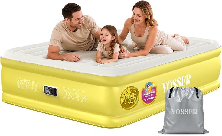 VOSSER Air Mattress Queen with Built-in Pump, 18" Raised Inflatable Blow Up Mattress,Upgraded Heavy Duty Portable Air Bed for Home,Guests,Floor & Camping, Self Inflating Colchon Inflable for Adults