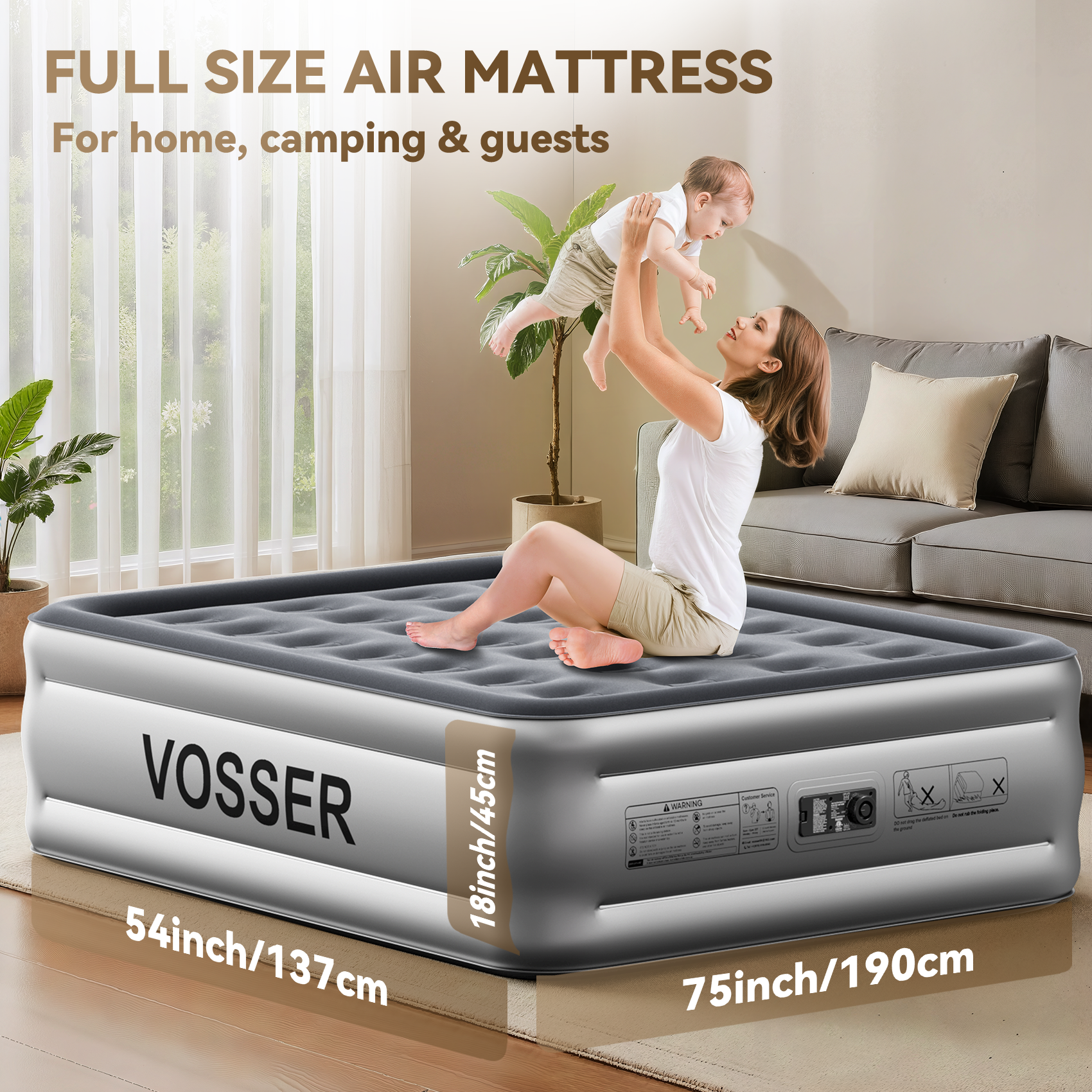Air Mattress Full with Built in Pump,18’’Blow Up Mattress,Self Inflatable Mattress in 3 Mins,Portable Air Bed for Camping,Floor&Travel,Full Size Air Mattress for Adults 660LB Max,Silver