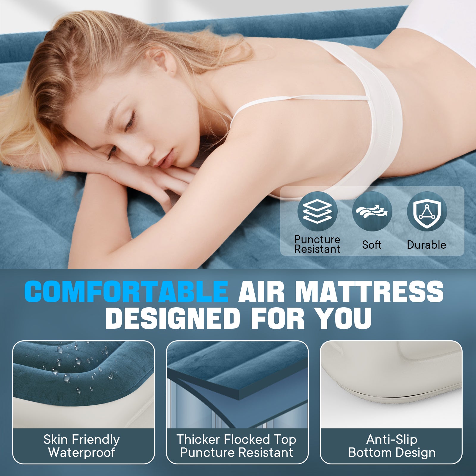 VOSSER Queen Air Mattress with Built-in Pump,Fast & Easy Inflation/Deflation Inflatable Mattress,  Foldable Blow Up Mattress with Storage Bag , Inflatable Bed for Home, Camping & Guests