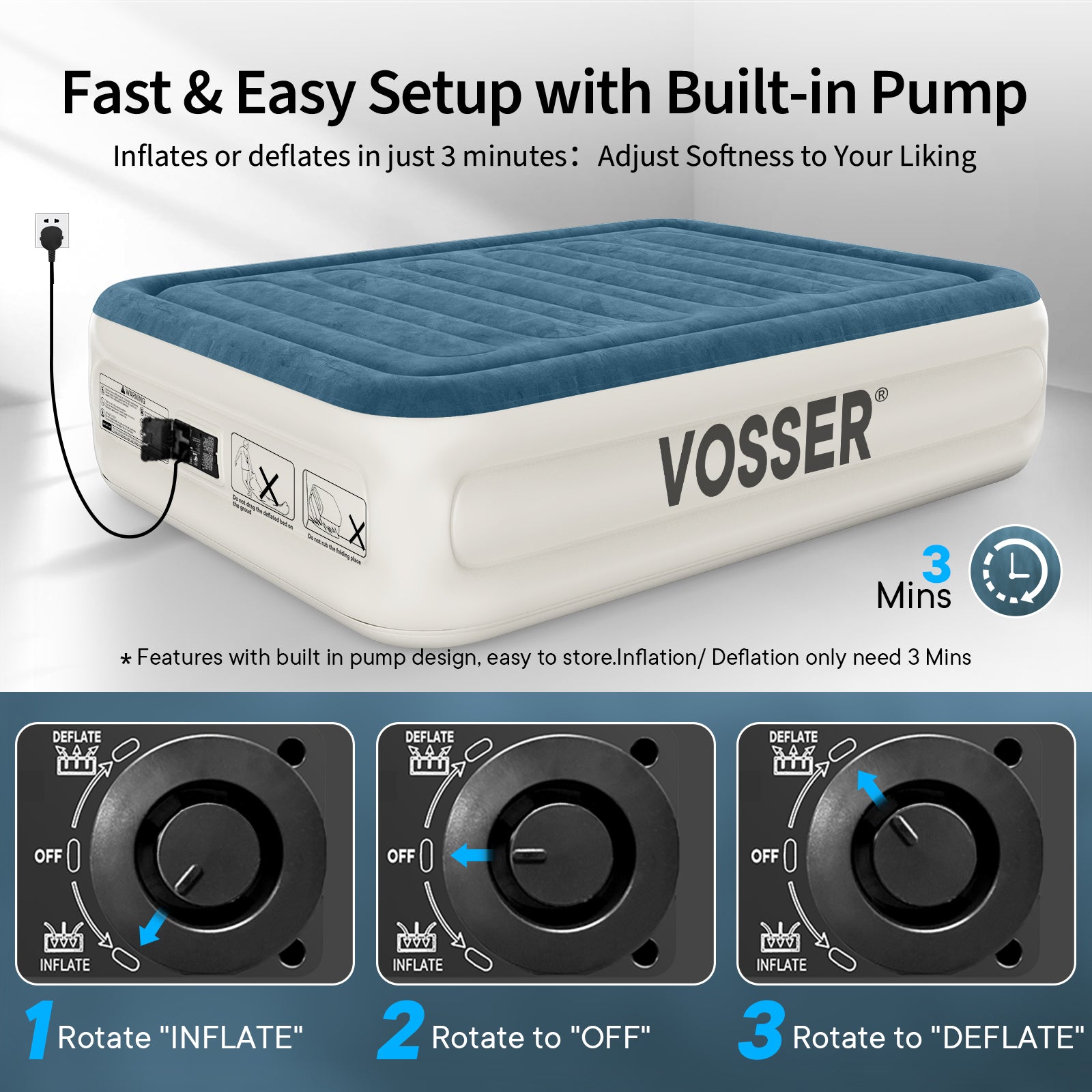 VOSSER Queen Air Mattress with Built-in Pump,Fast & Easy Inflation/Deflation Inflatable Mattress,  Foldable Blow Up Mattress with Storage Bag , Inflatable Bed for Home, Camping & Guests