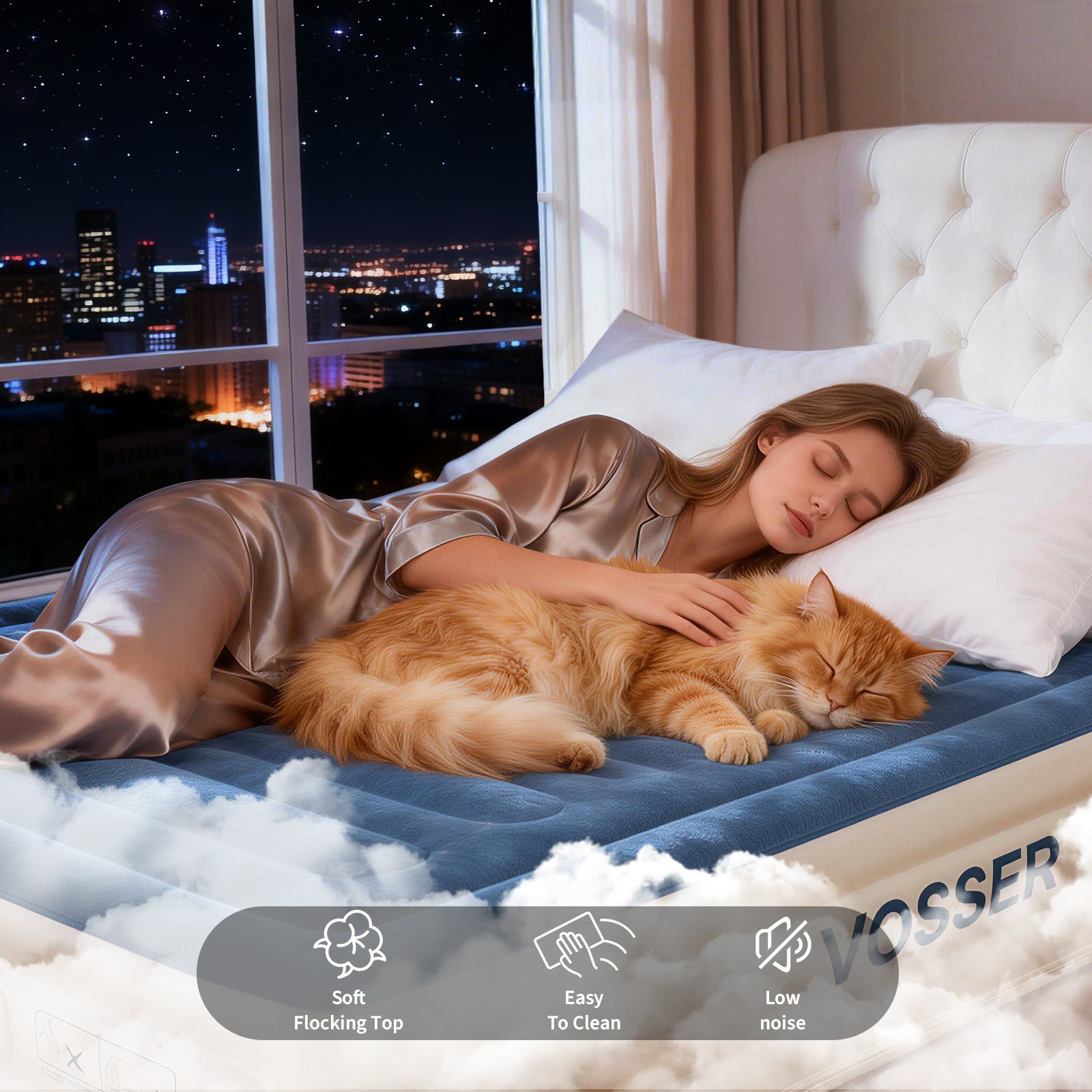VOSSER Queen Air Mattress with Built-in Pump,Fast & Easy Inflation/Deflation Inflatable Mattress,  Foldable Blow Up Mattress with Storage Bag , Inflatable Bed for Home, Camping & Guests