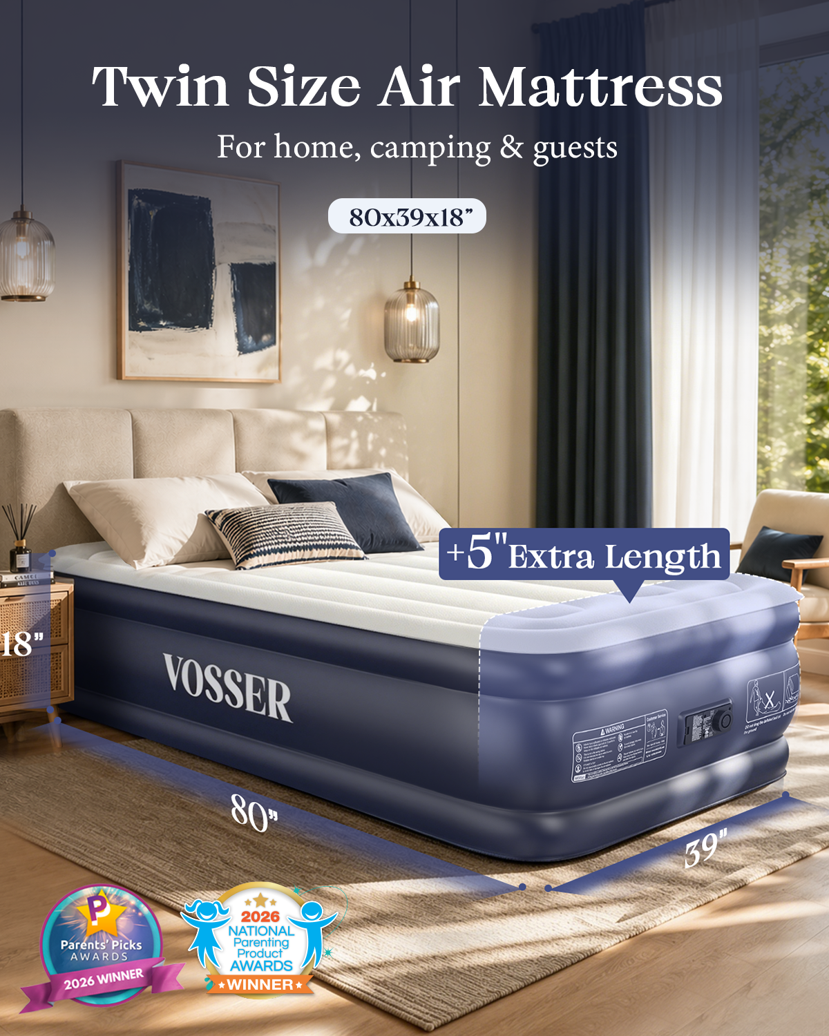 VOSSER Twin XL Air Mattress with Built-in Pump,18" Raised,80" Long,500 lb