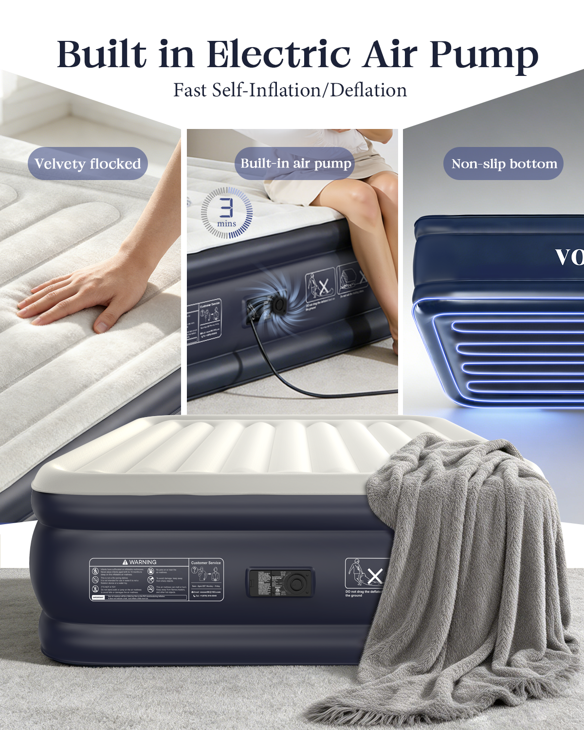 VOSSER Air Mattress Queen with Built-in Pump, 18" Raised Inflatable Blow Up Mattress,Upgraded Heavy Duty Portable Air Bed for Home,Guests,Floor & Camping, Self Inflating Colchon Inflable for Adults
