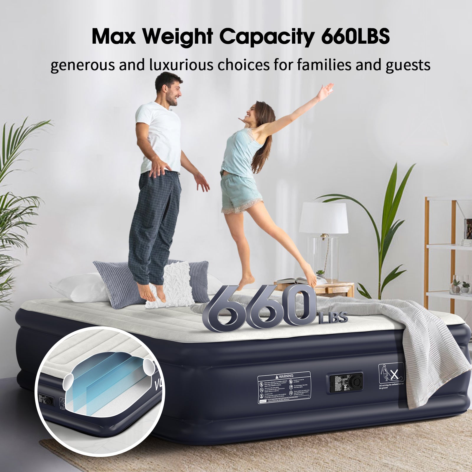 VOSSER Air Mattress with Built in Pump Raised,18''Inflatable Mattress of Upgraded Vertical Beams,Self Inflatable Blow Up Mattress in 3 Mins,Flocked Top Airbed with Carry Bag for Home,Camping