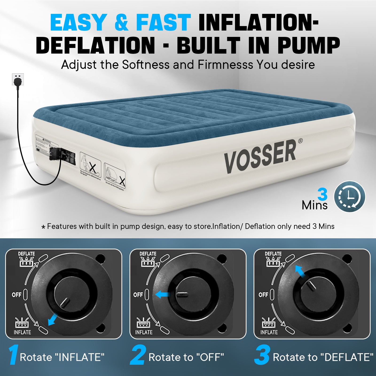 VOSSER Queen Air Mattress with Built in Pump Fast Easy Inflation Def