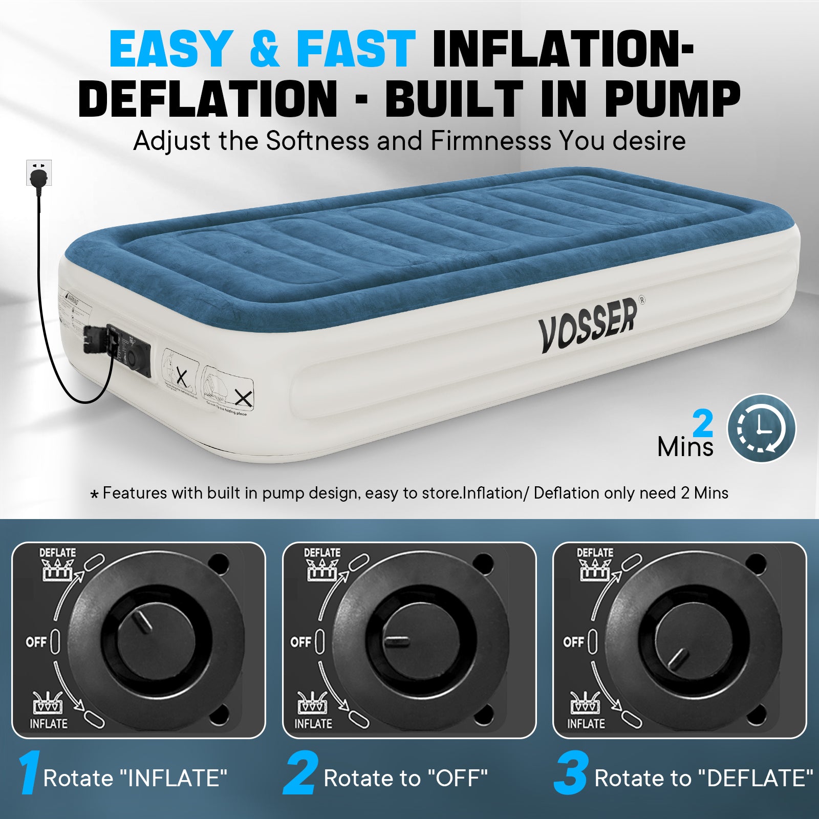 VOSSER Twin Air Mattress with Built-in Pump,Fast & Easy Inflation/Deflation Inflatable Mattress, Foldable Blow Up Mattress with Storage Bag, Inflatable Bed for Home, Camping & Guests