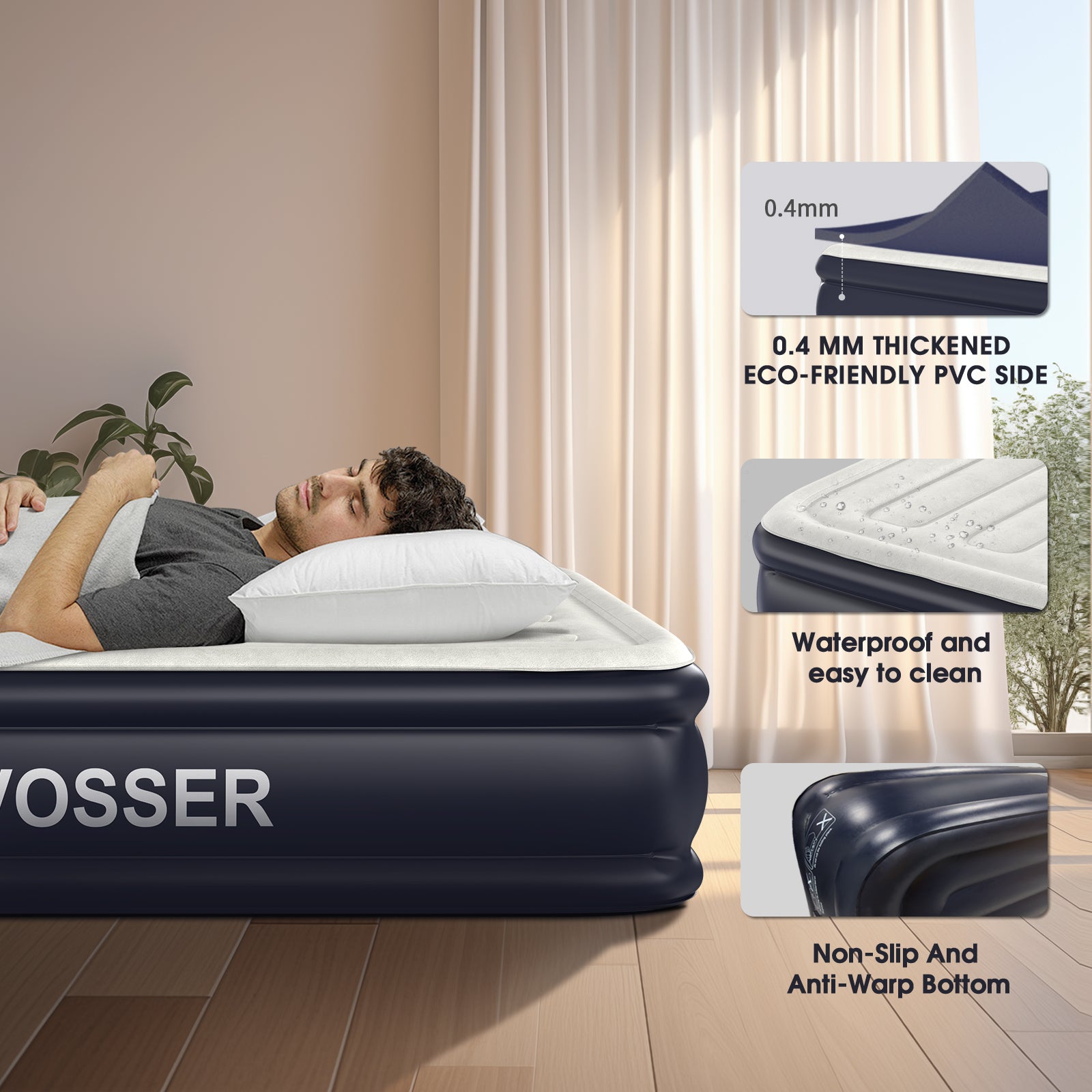 VOSSER Air Mattress with Built in Pump Raised,18''Inflatable Mattress of Upgraded Vertical Beams,Self Inflatable Blow Up Mattress in 3 Mins,Flocked Top Airbed with Carry Bag for Home,Camping