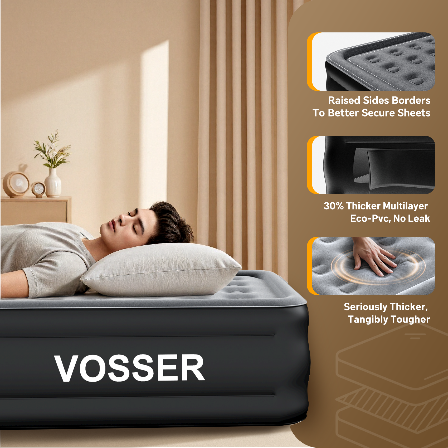 VOSSER Air Mattress Full with Built in Pump,18’’Raised Blow Up Mattress,Self Inflatable Mattress in 3 Mins,Portable Air Bed for Home,Floor&Travel,Full Size Air Mattress for Adults 660LB Max,Black