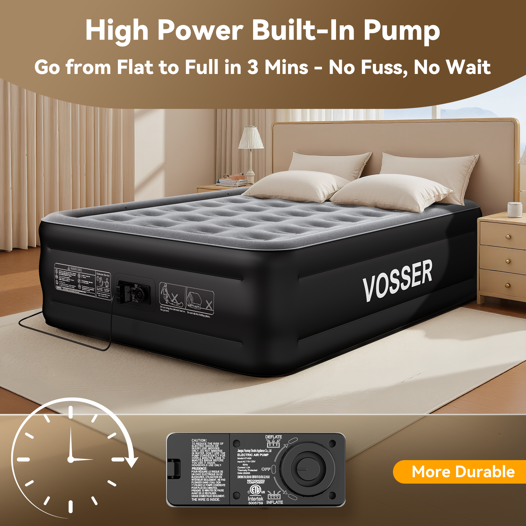 VOSSER Air Mattress Full with Built in Pump,18’’Raised Blow Up Mattress,Self Inflatable Mattress in 3 Mins,Portable Air Bed for Home,Floor&Travel,Full Size Air Mattress for Adults 660LB Max,Black