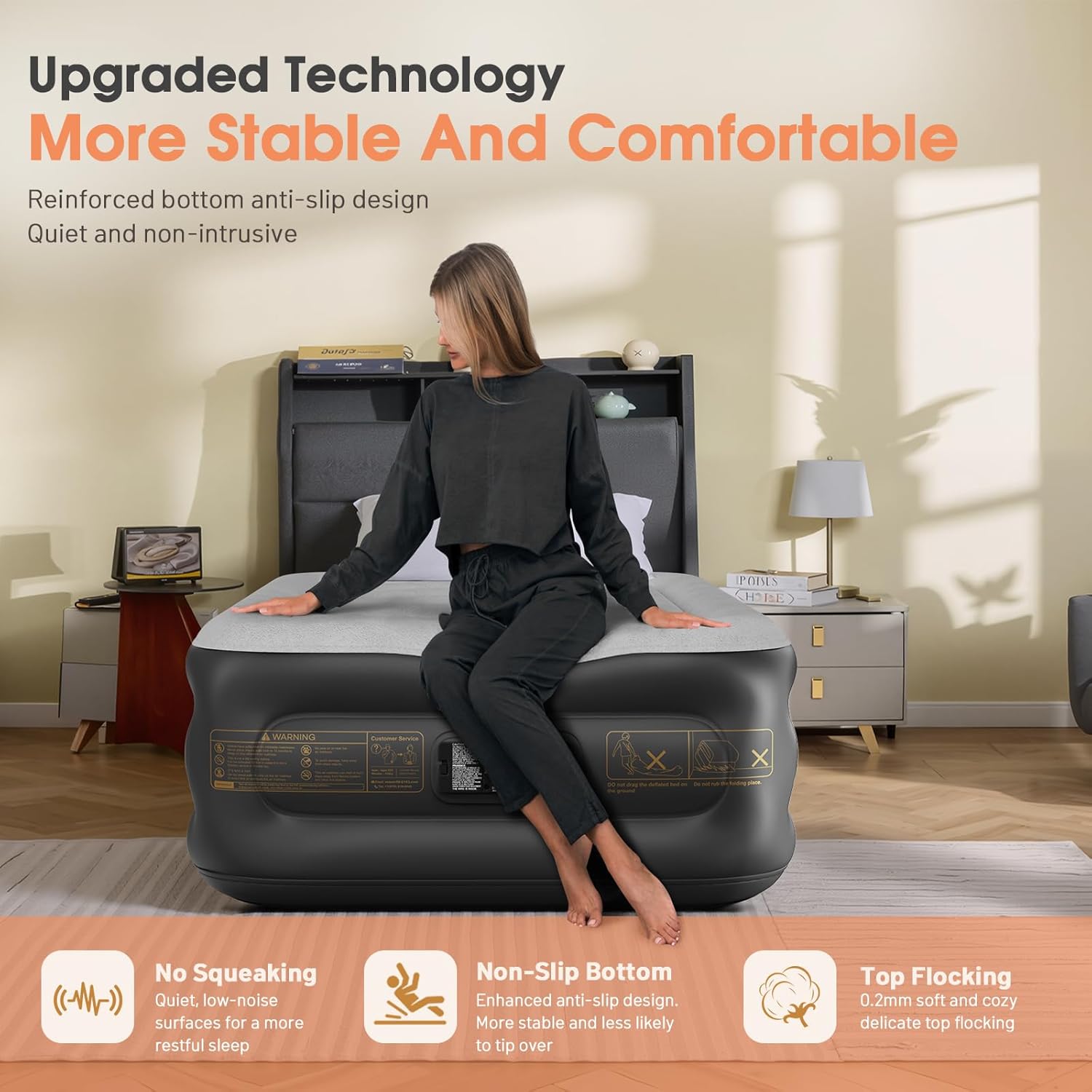 Twin Air Mattress with Built in Pump,Inflatable Mattress 2 Mins Self-Inflation/Deflation,Thicker Blow up Mattress Leak-Proof,Flocked Top Air Bed with Storage Bag for Home, Camping & Guests