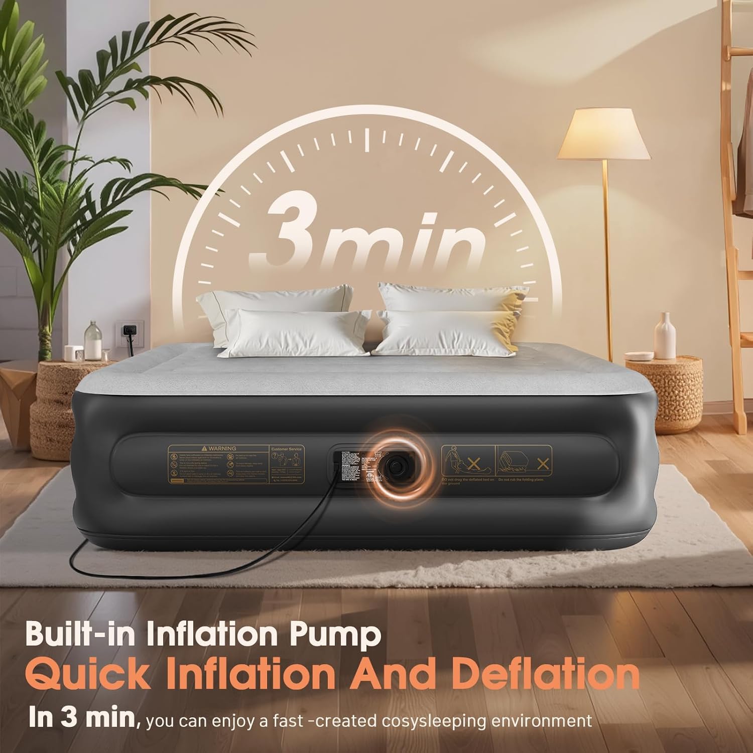 Twin Air Mattress with Built in Pump,Inflatable Mattress 2 Mins Self-Inflation/Deflation,Thicker Blow up Mattress Leak-Proof,Flocked Top Air Bed with Storage Bag for Home, Camping & Guests