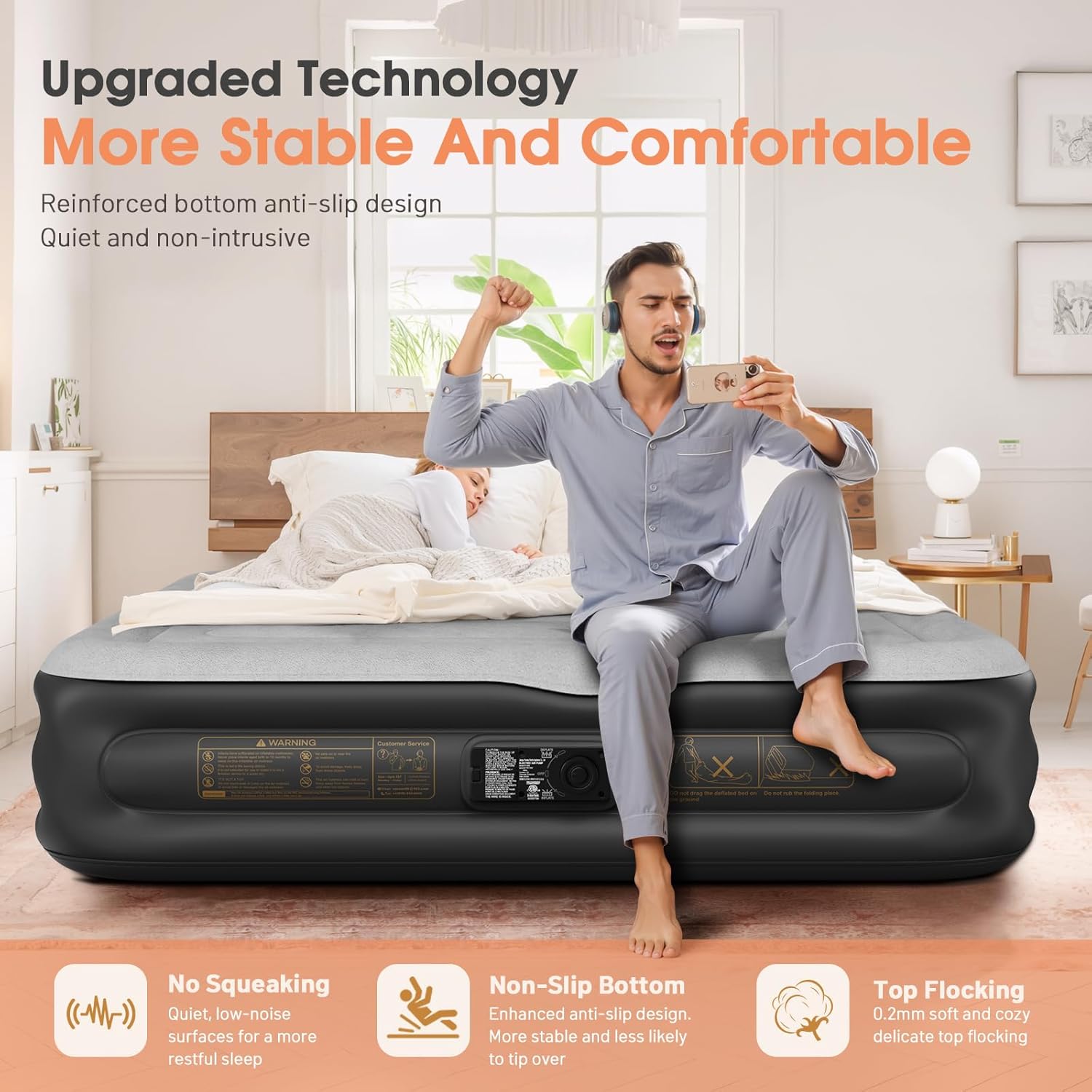 Twin Air Mattress with Built in Pump,Inflatable Mattress 2 Mins Self-Inflation/Deflation,Thicker Blow up Mattress Leak-Proof,Flocked Top Air Bed with Storage Bag for Home, Camping & Guests