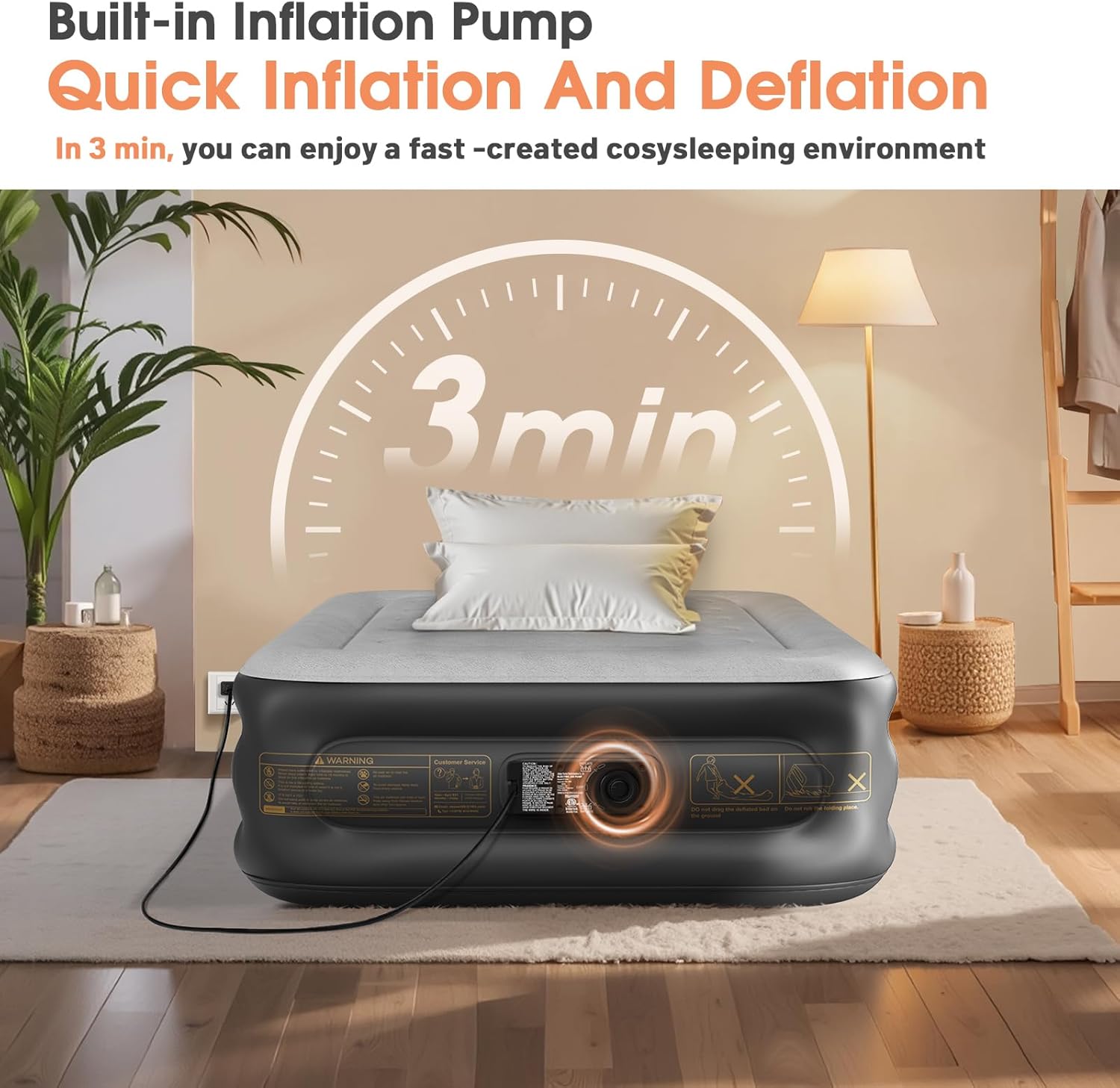Twin Air Mattress with Built in Pump,Inflatable Mattress 2 Mins Self-Inflation/Deflation,Thicker Blow up Mattress Leak-Proof,Flocked Top Air Bed with Storage Bag for Home, Camping & Guests