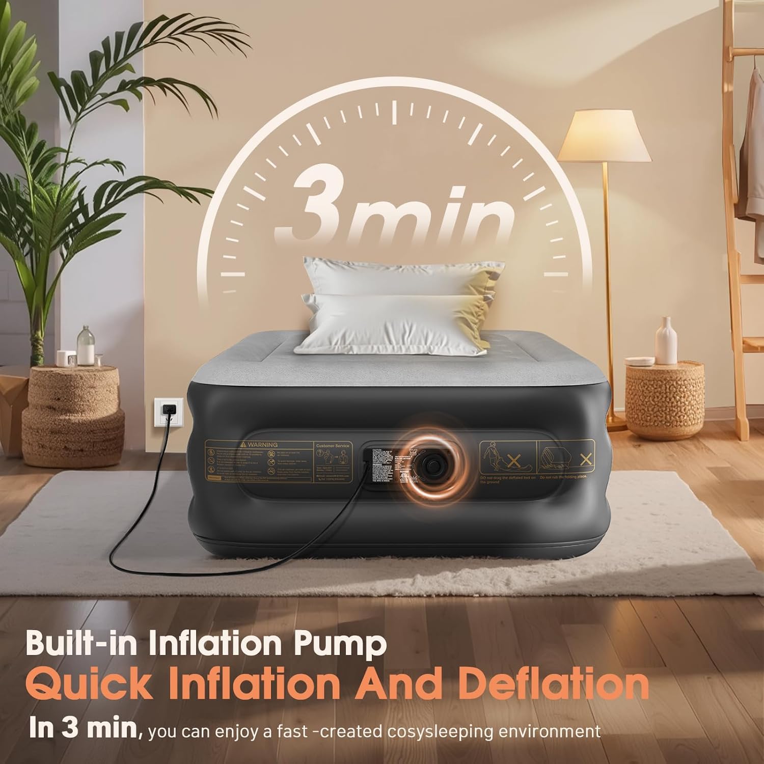 Twin Air Mattress with Built in Pump,Inflatable Mattress 2 Mins Self-Inflation/Deflation,Thicker Blow up Mattress Leak-Proof,Flocked Top Air Bed with Storage Bag for Home, Camping & Guests