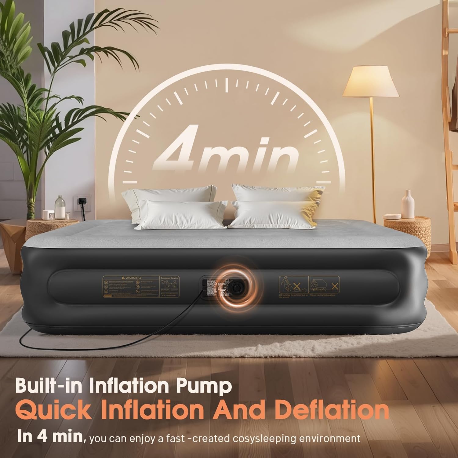 Twin Air Mattress with Built in Pump,Inflatable Mattress 2 Mins Self-Inflation/Deflation,Thicker Blow up Mattress Leak-Proof,Flocked Top Air Bed with Storage Bag for Home, Camping & Guests