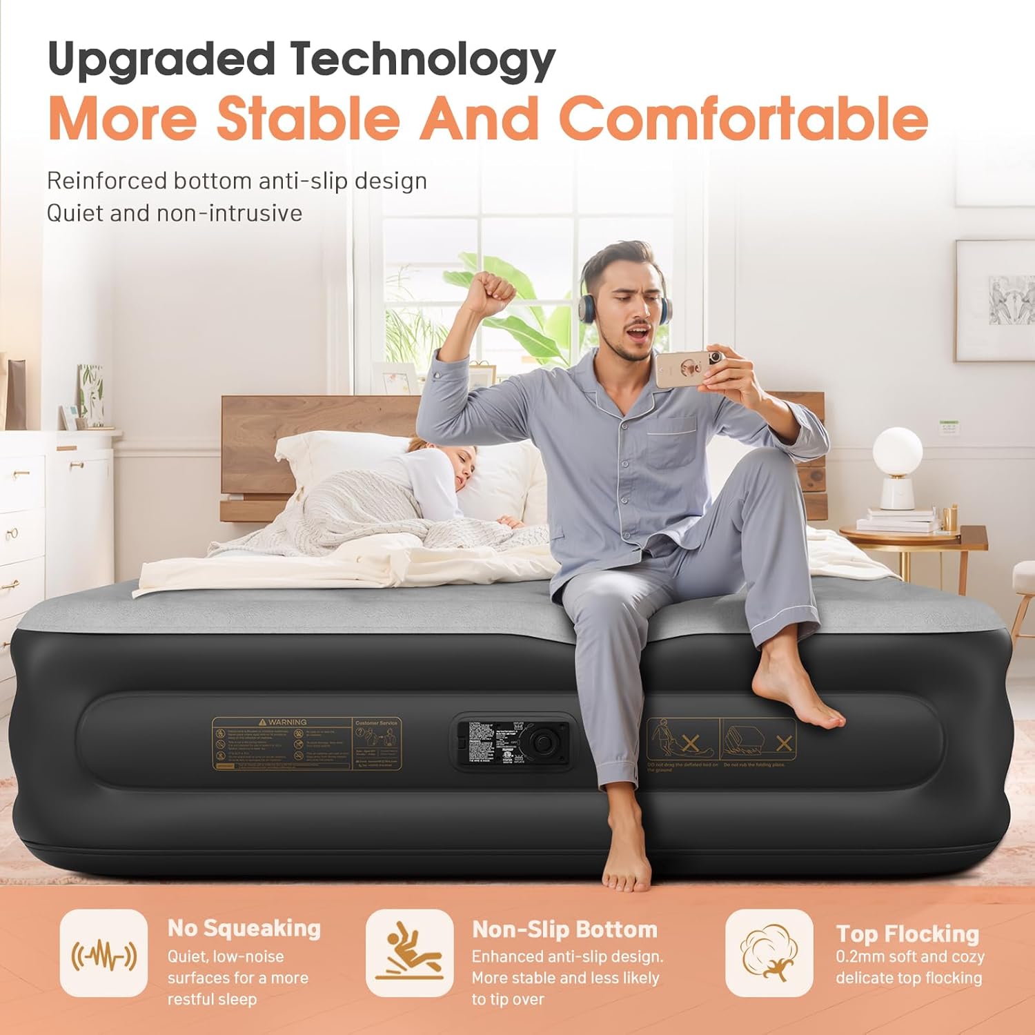 Twin Air Mattress with Built in Pump,Inflatable Mattress 2 Mins Self-Inflation/Deflation,Thicker Blow up Mattress Leak-Proof,Flocked Top Air Bed with Storage Bag for Home, Camping & Guests