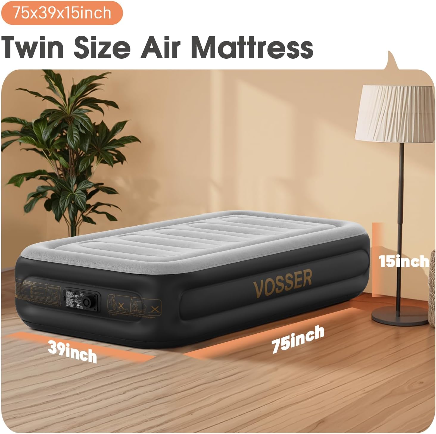Twin Air Mattress with Built in Pump,Inflatable Mattress 2 Mins Self-Inflation/Deflation,Thicker Blow up Mattress Leak-Proof,Flocked Top Air Bed with Storage Bag for Home, Camping & Guests