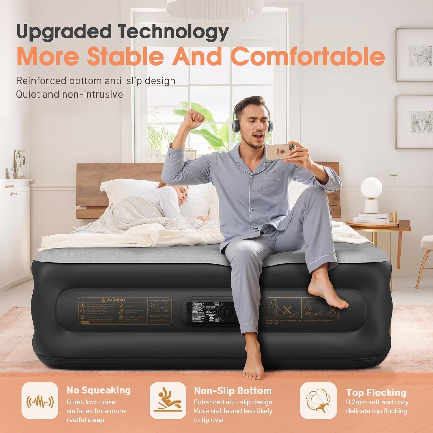Twin Air Mattress with Built in Pump,Inflatable Mattress 2 Mins Self-Inflation/Deflation,Thicker Blow up Mattress Leak-Proof,Flocked Top Air Bed with Storage Bag for Home, Camping & Guests