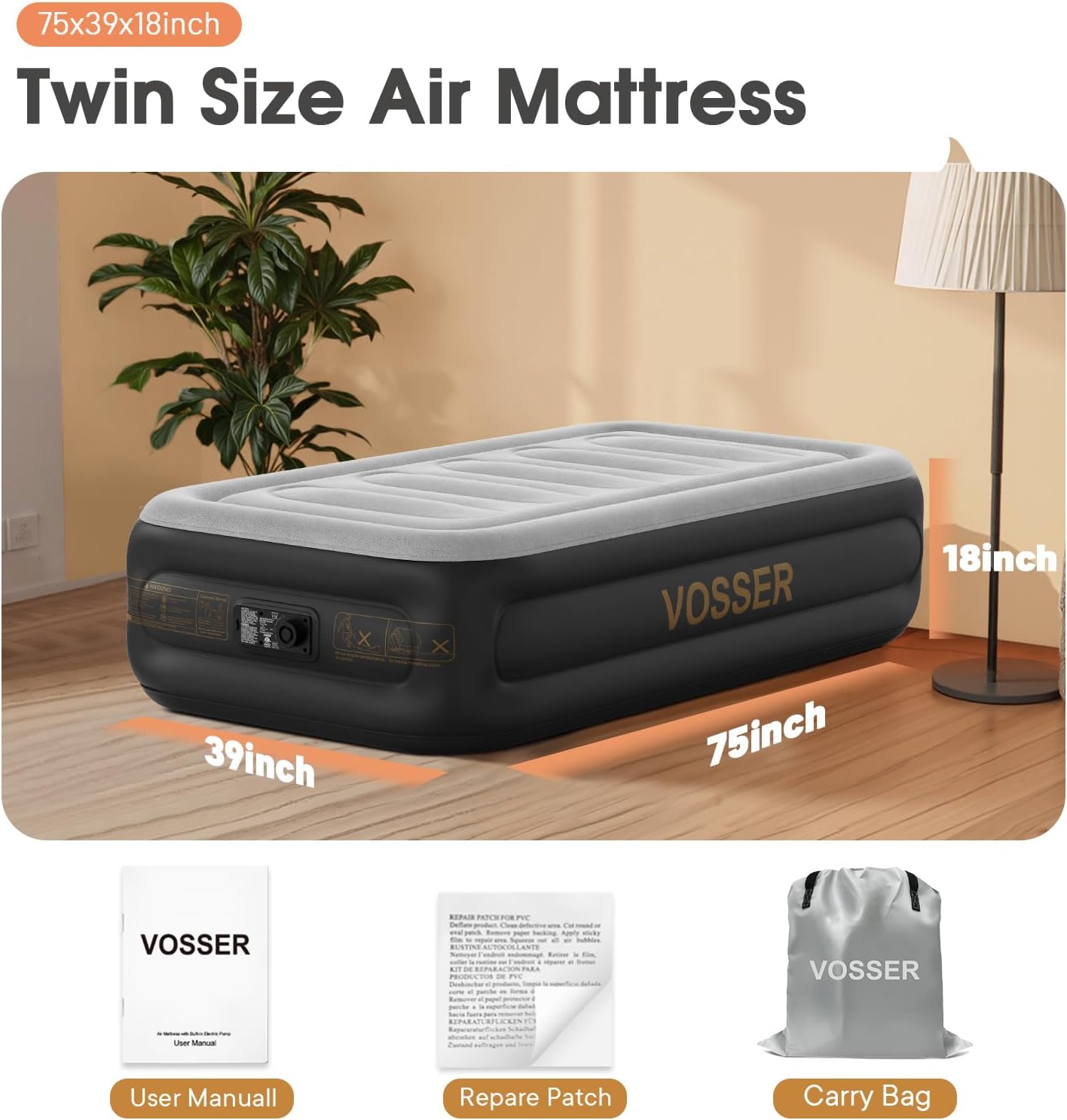 Twin Air Mattress with Built in Pump,Inflatable Mattress 2 Mins Self-Inflation/Deflation,Thicker Blow up Mattress Leak-Proof,Flocked Top Air Bed with Storage Bag for Home, Camping & Guests