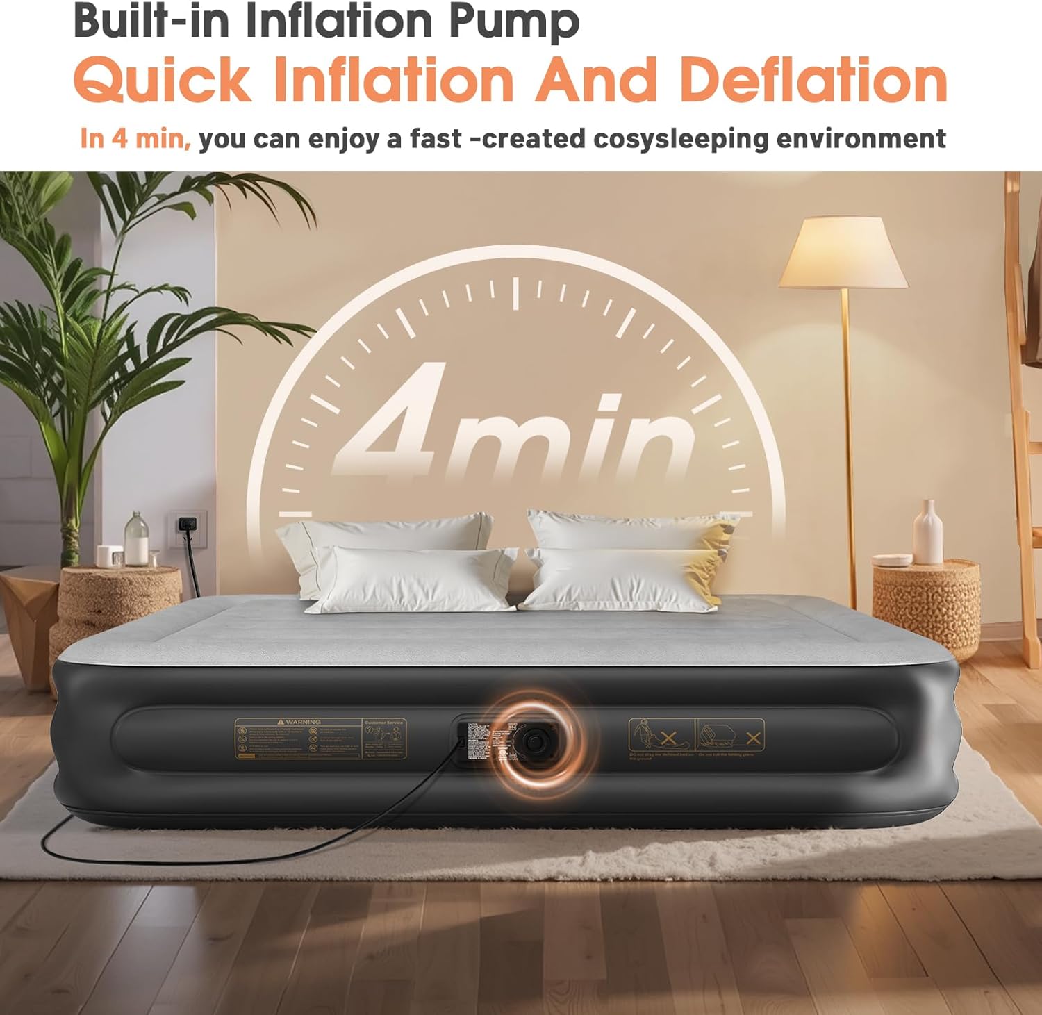 Twin Air Mattress with Built in Pump,Inflatable Mattress 2 Mins Self-Inflation/Deflation,Thicker Blow up Mattress Leak-Proof,Flocked Top Air Bed with Storage Bag for Home, Camping & Guests