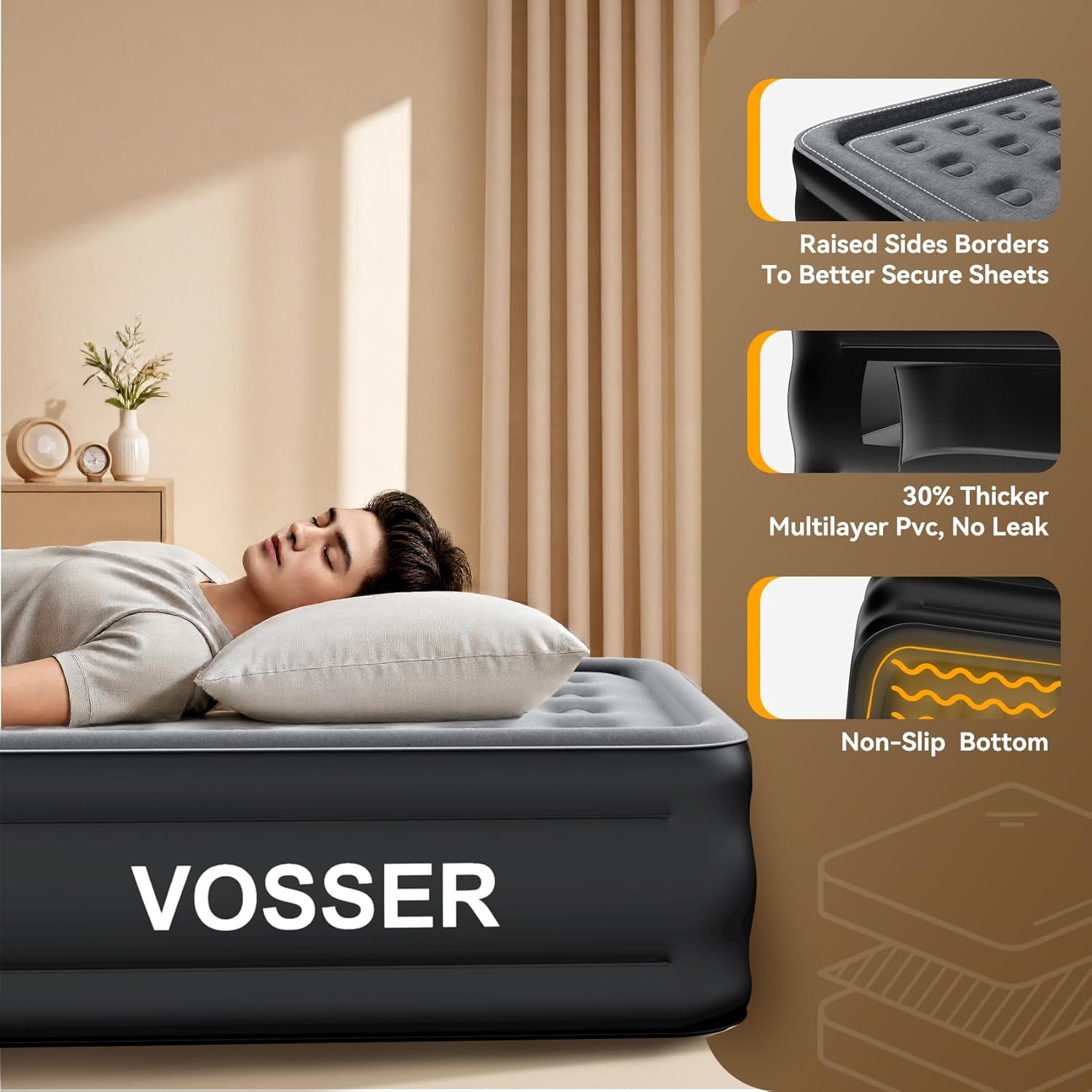 Air Mattress Twin with Built in Pump,18” Raised Blow Up Mattress,Inflatable Mattress in 2 Mins,Single Twin Size Air Mattress for Home,Floor&Camping, Air Bed for Adults,330LB Max,Black
