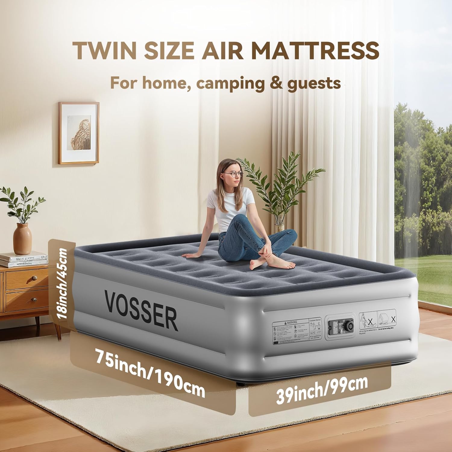 Air Mattress Twin with Built in Pump,18” Raised Blow Up Mattress,Inflatable Mattress in 2 Mins,Single Twin Size Air Mattress for Home,Floor&Camping, Air Bed for Adults,330LB Max,Black
