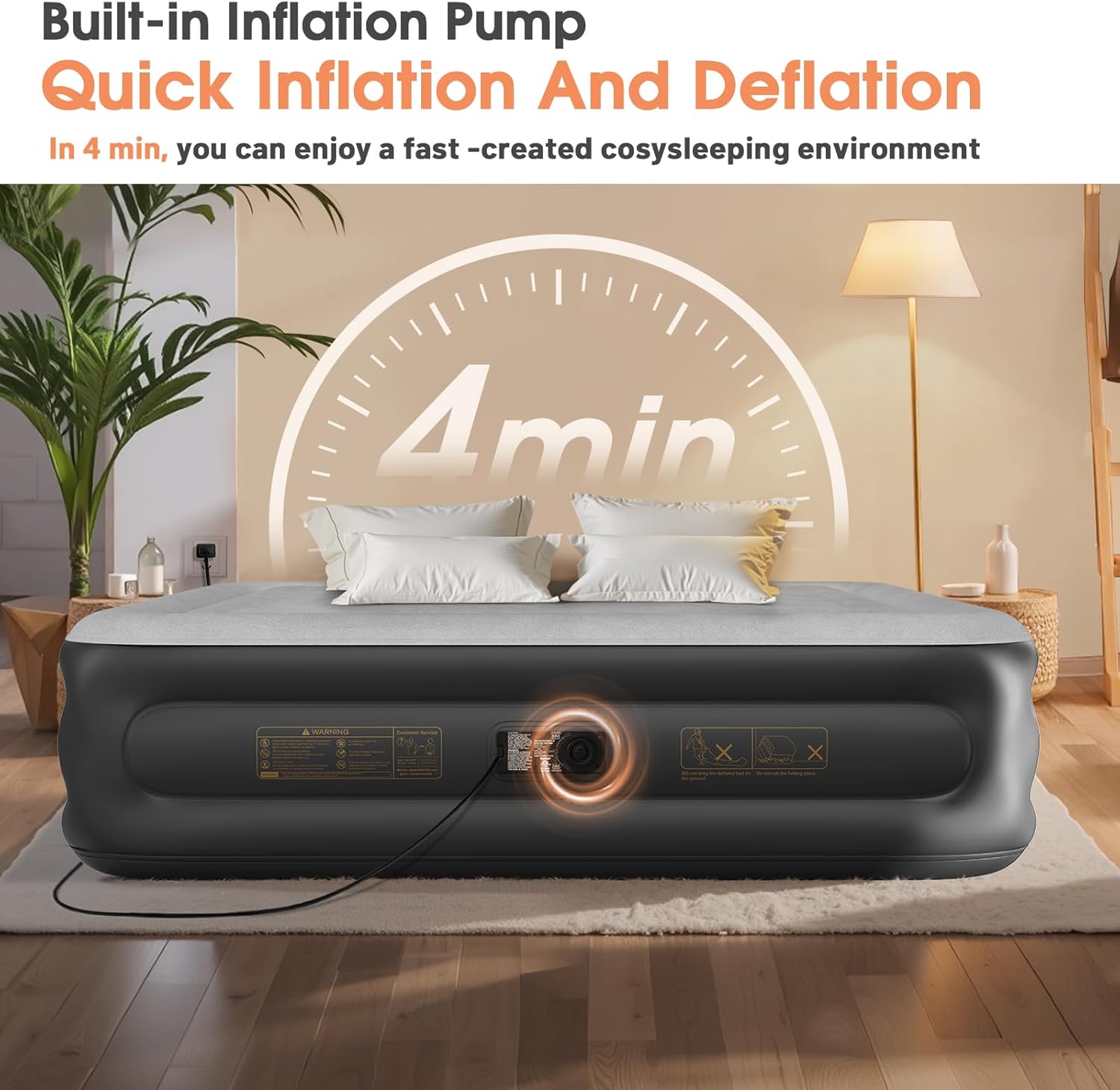 Twin Air Mattress with Built in Pump,Inflatable Mattress 2 Mins Self-Inflation/Deflation,Thicker Blow up Mattress Leak-Proof,Flocked Top Air Bed with Storage Bag for Home, Camping & Guests