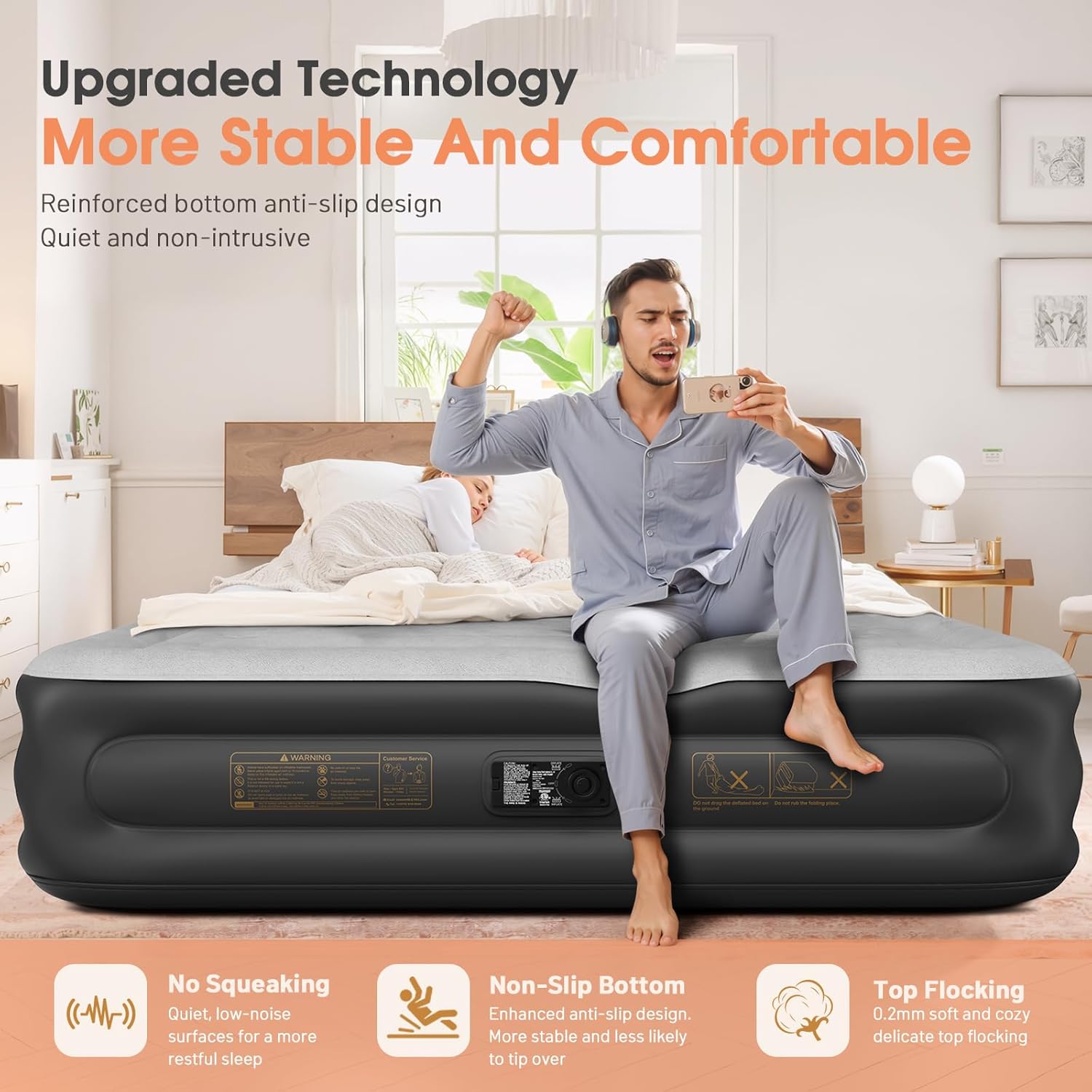 Twin Air Mattress with Built in Pump,Inflatable Mattress 2 Mins Self-Inflation/Deflation,Thicker Blow up Mattress Leak-Proof,Flocked Top Air Bed with Storage Bag for Home, Camping & Guests
