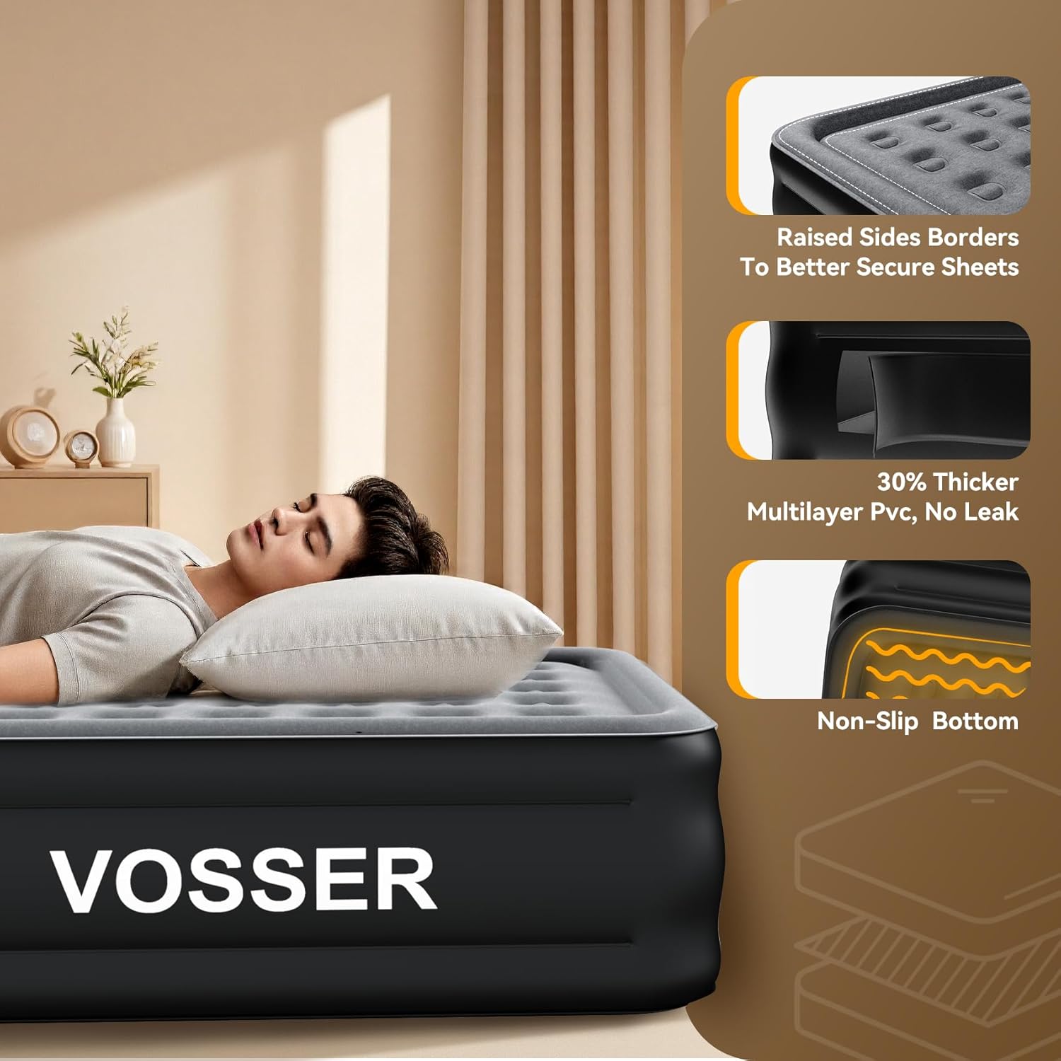 Air Mattress Twin with Built in Pump,18” Raised Blow Up Mattress,Inflatable Mattress in 2 Mins,Single Twin Size Air Mattress for Home,Floor&Camping, Air Bed for Adults,330LB Max,Black