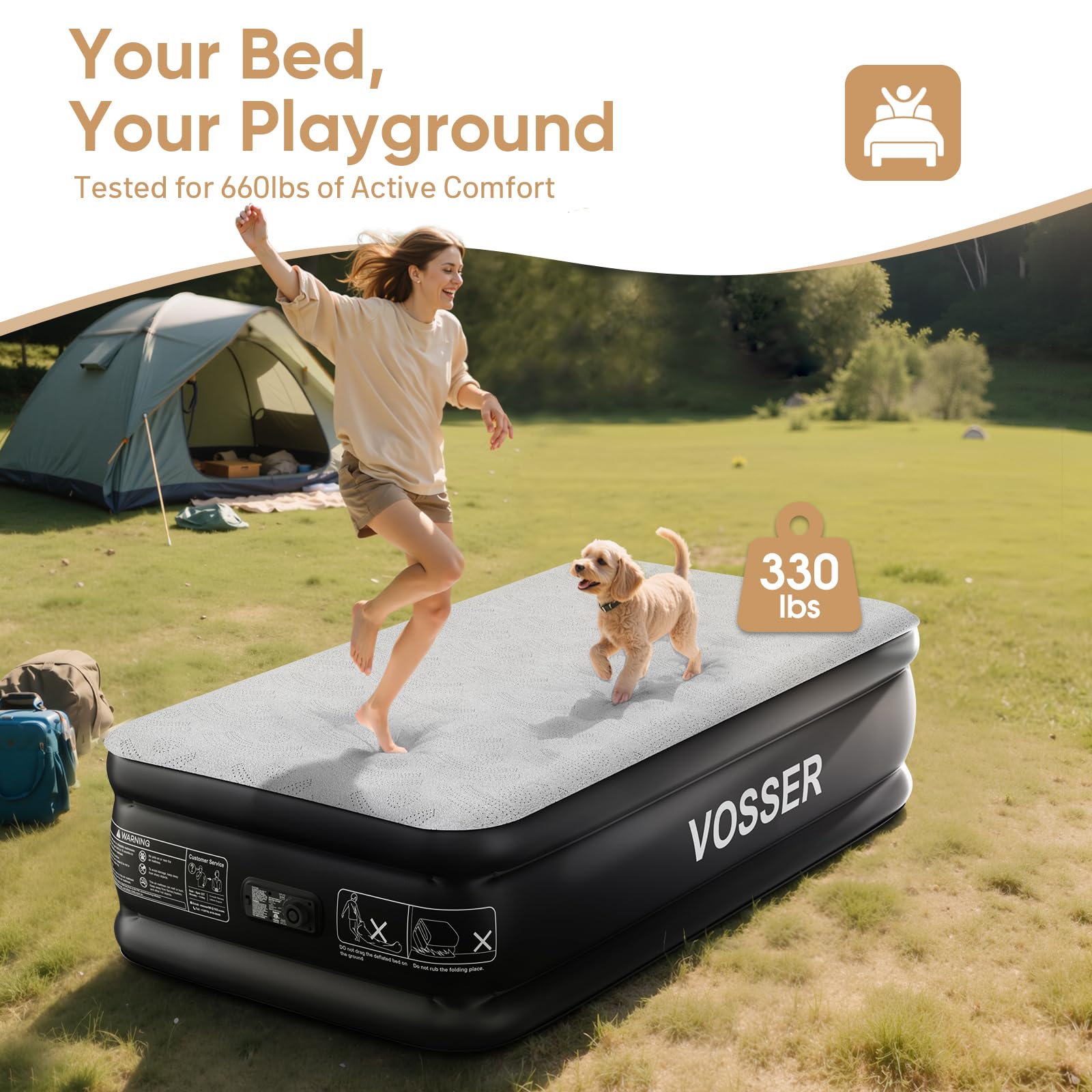 VOSSER Twin Air Mattress with Built-in Pump,18'' Foam Topper Blow Up Mattress,Luxury Inflatable Mattress 2 Mins Self-Inflation/Deflation - Breathable and Flatness-Free for Camping, Home & Guests
