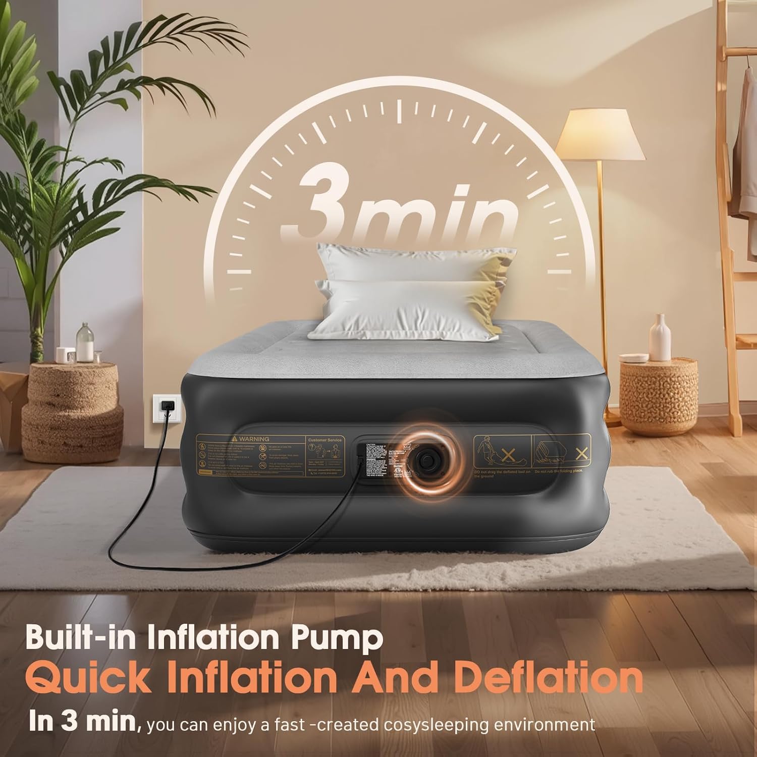 Twin Air Mattress with Built in Pump,Inflatable Mattress 2 Mins Self-Inflation/Deflation,Thicker Blow up Mattress Leak-Proof,Flocked Top Air Bed with Storage Bag for Home, Camping & Guests