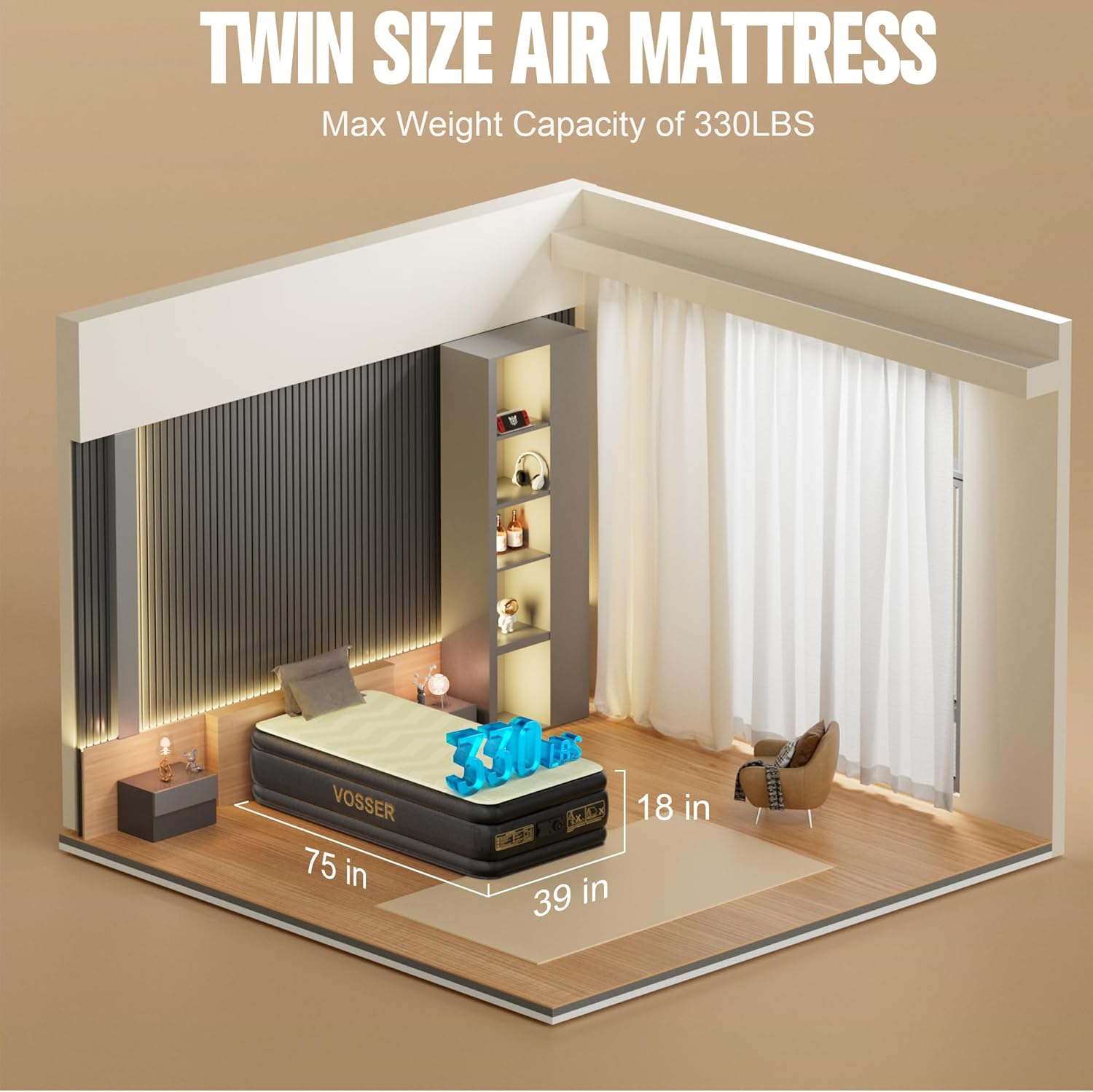 Twin Air Mattress with Built-in Pump,18'' Foam Topper Inflatable Mattress,Luxury Blow Up Mattress 2 Mins Self-Inflation/Deflation - Breathable and Wrinkle-Free for Camping, Home & Guests