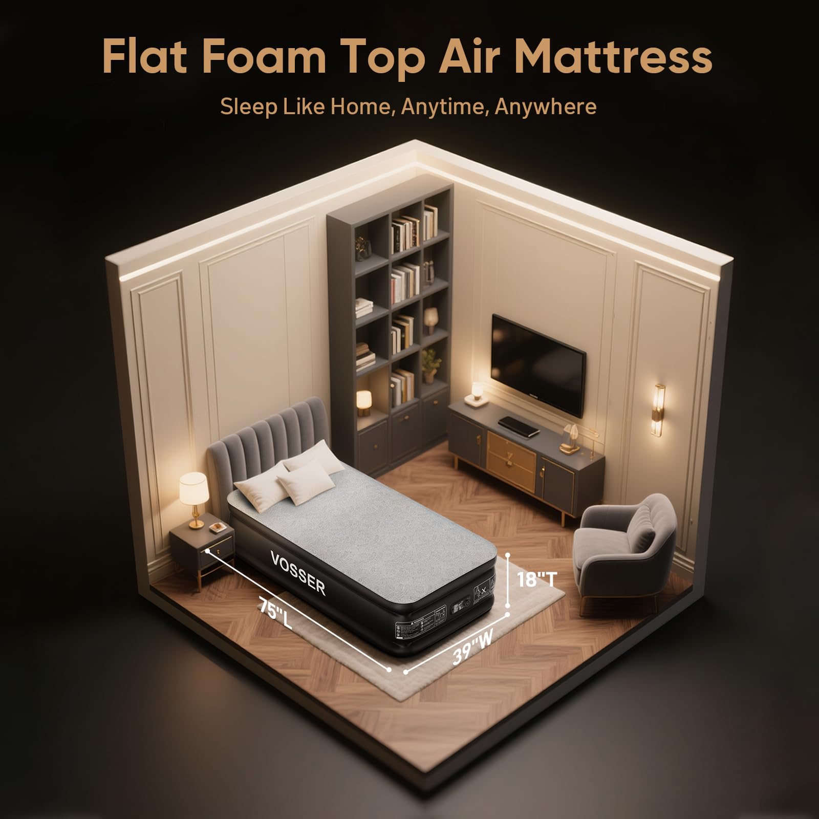 VOSSER Twin Air Mattress with Built-in Pump,18'' Foam Topper Blow Up Mattress,Luxury Inflatable Mattress 2 Mins Self-Inflation/Deflation - Breathable and Flatness-Free for Camping, Home & Guests