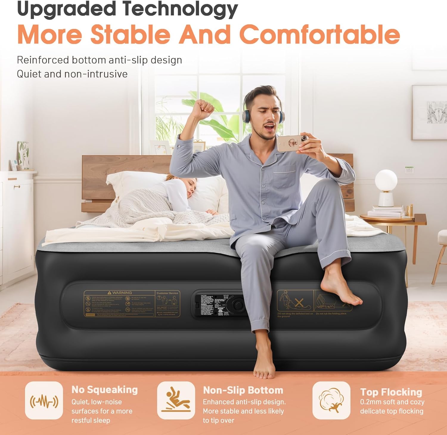 Twin Air Mattress with Built in Pump,Inflatable Mattress 2 Mins Self-Inflation/Deflation,Thicker Blow up Mattress Leak-Proof,Flocked Top Air Bed with Storage Bag for Home, Camping & Guests