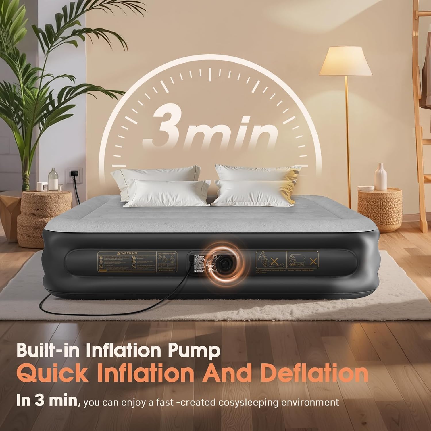 Twin Air Mattress with Built in Pump,Inflatable Mattress 2 Mins Self-Inflation/Deflation,Thicker Blow up Mattress Leak-Proof,Flocked Top Air Bed with Storage Bag for Home, Camping & Guests