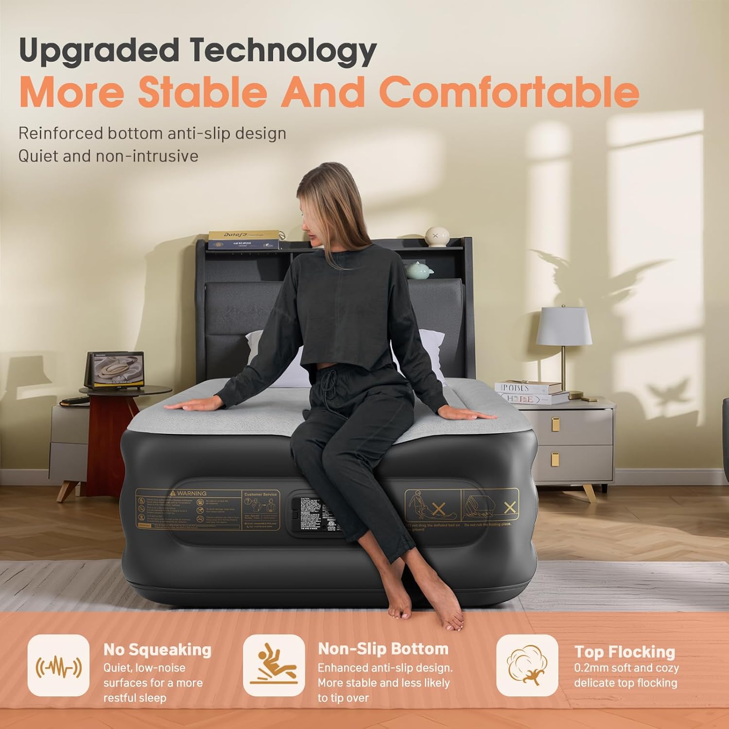 Twin Air Mattress with Built in Pump,Inflatable Mattress 2 Mins Self-Inflation/Deflation,Thicker Blow up Mattress Leak-Proof,Flocked Top Air Bed with Storage Bag for Home, Camping & Guests