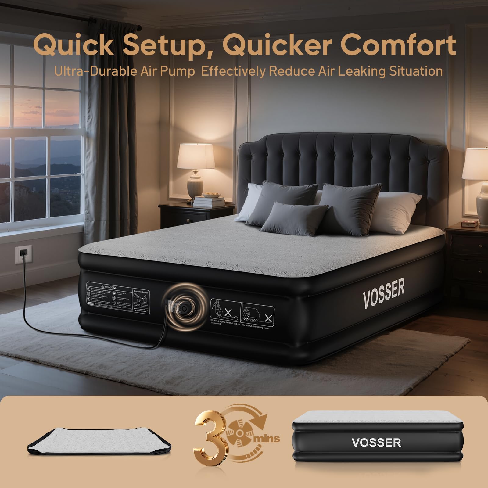 VOSSER Twin Air Mattress with Built-in Pump,18'' Foam Topper Blow Up Mattress,Luxury Inflatable Mattress 2 Mins Self-Inflation/Deflation - Breathable and Flatness-Free for Camping, Home & Guests